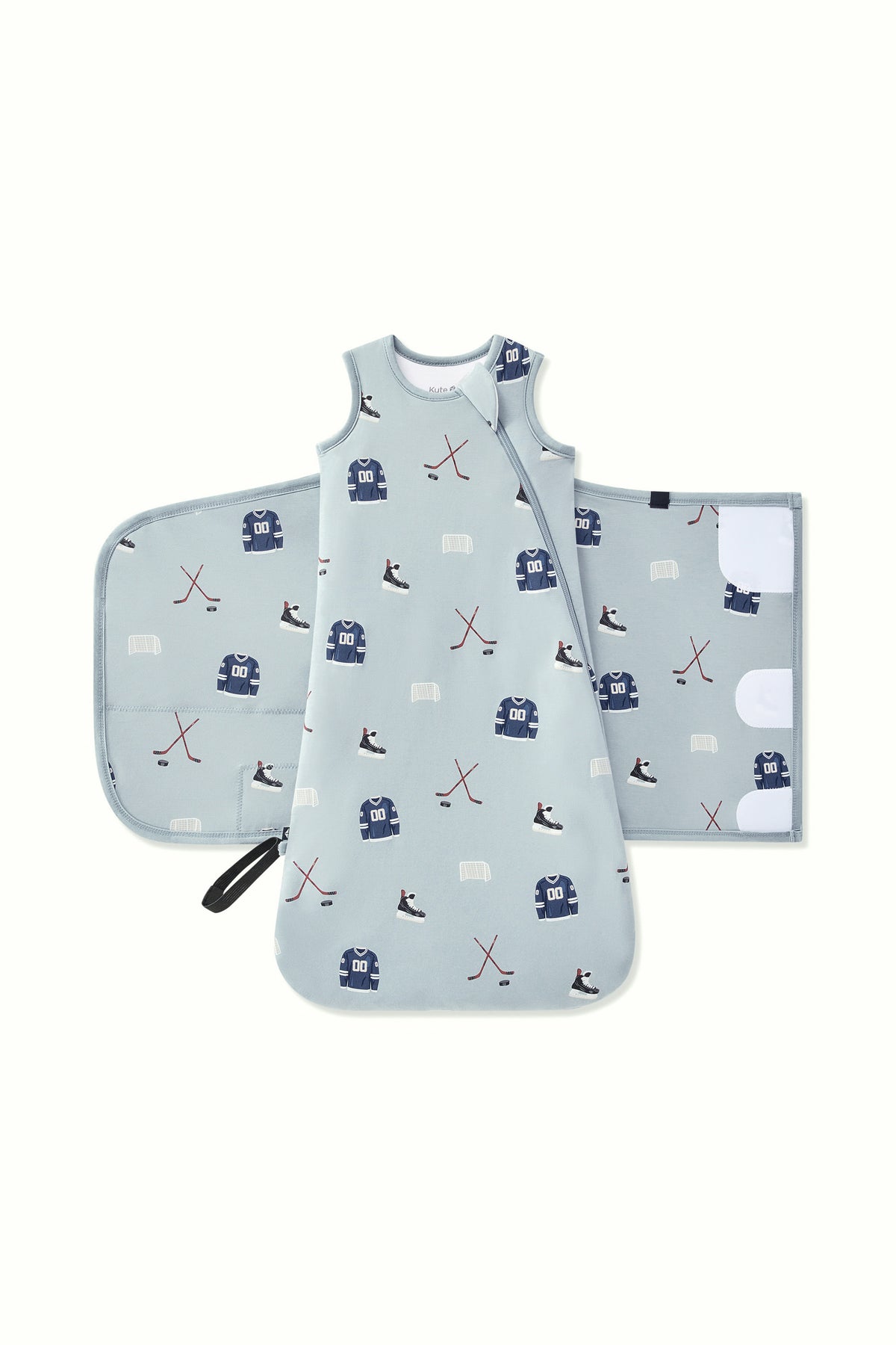 Sleep Bag Swaddler in Vintage Hockey 1.0 print shown unswaddled on a white background