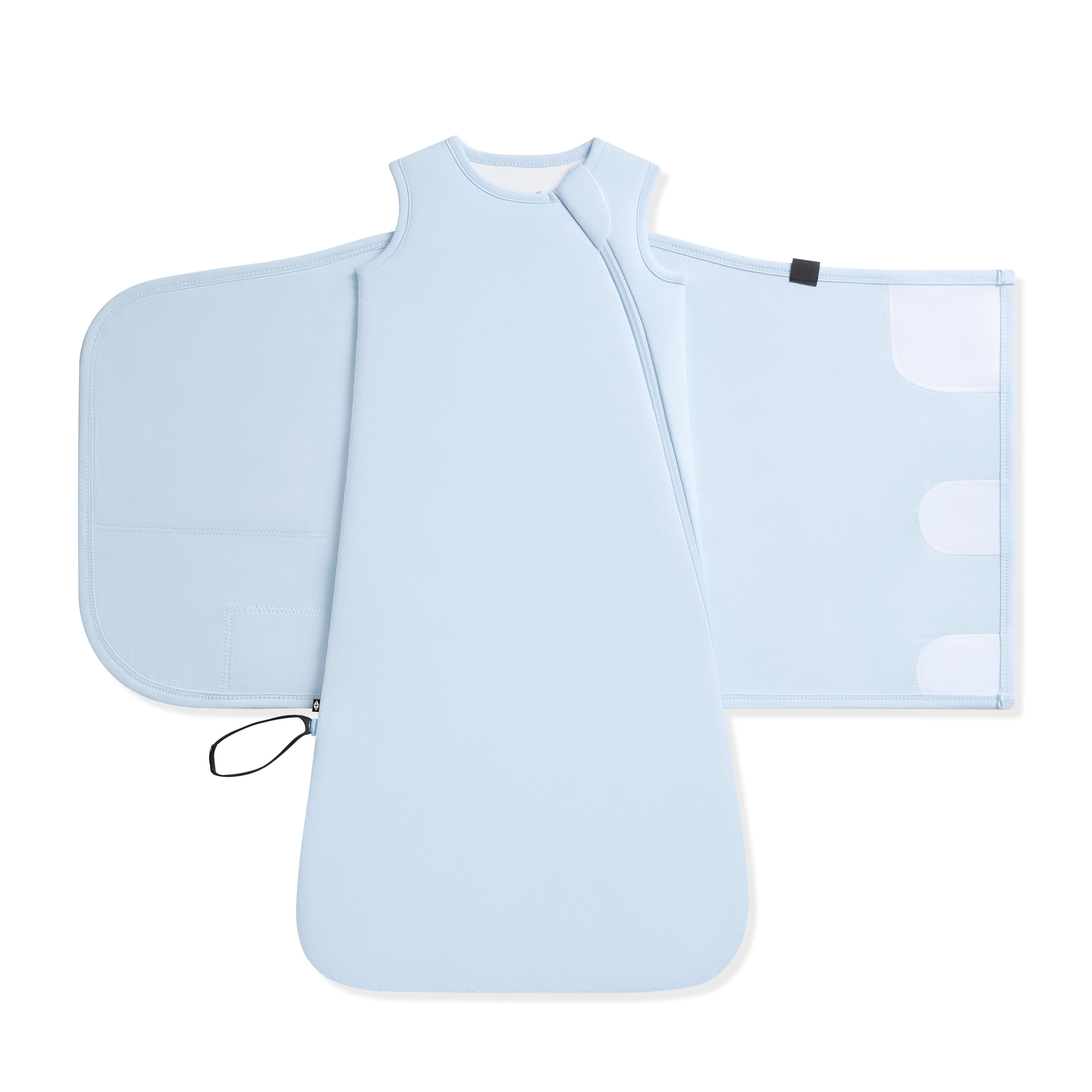 Unswaddled Sleep Bag Swaddler in Breeze 1.0 showing the adjustable velcro band