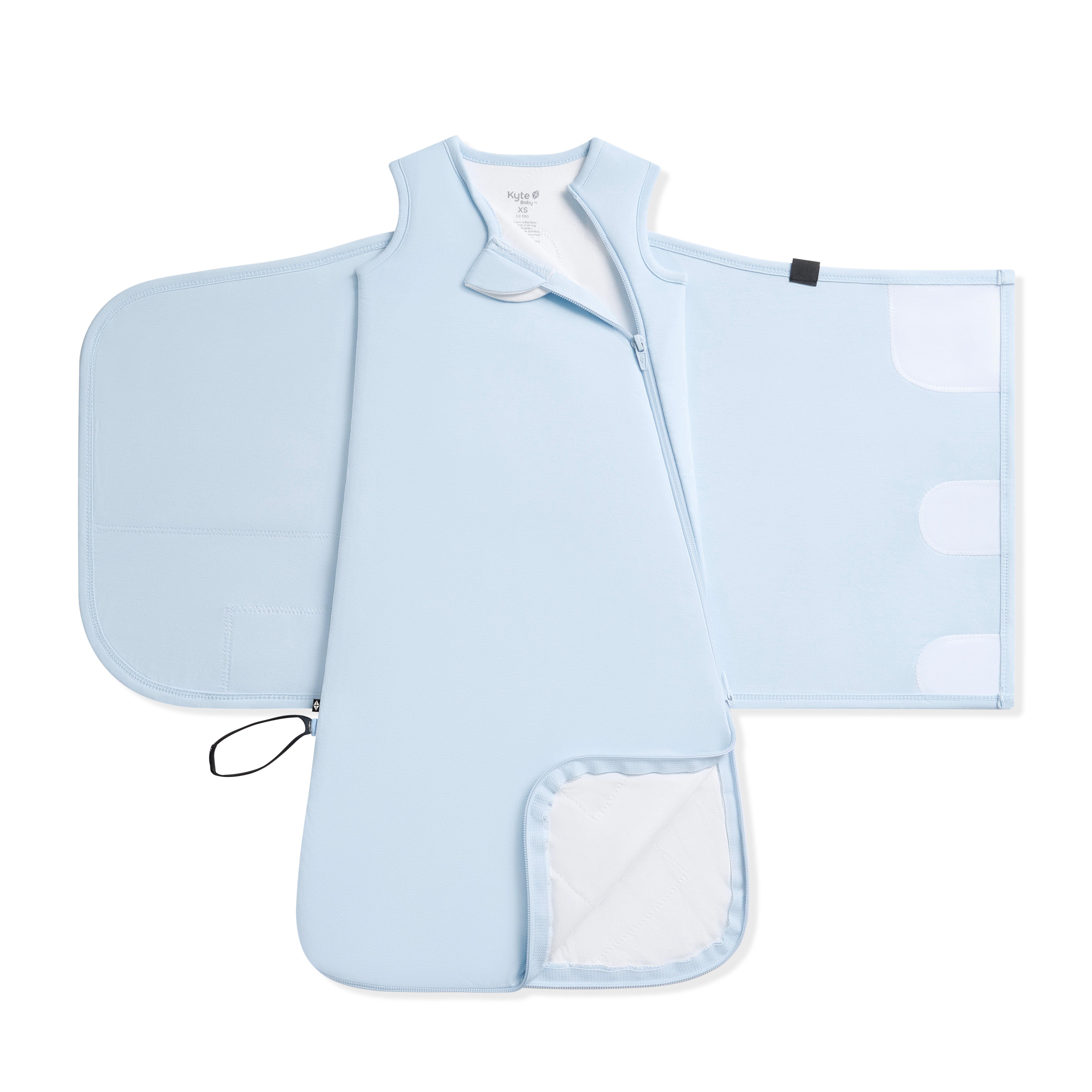 Unswaddled Sleep Bag Swaddler in Breeze 1.0 showing the double zipper function