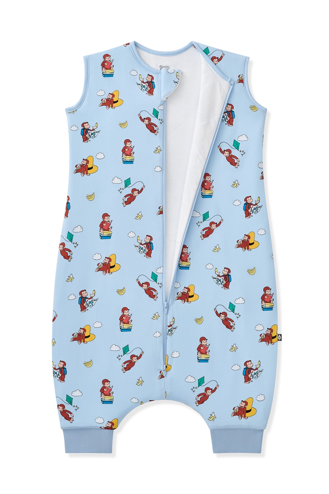 Blue Sleep Bag Walker in Curious George 1.0 print with zipper garage on a white background