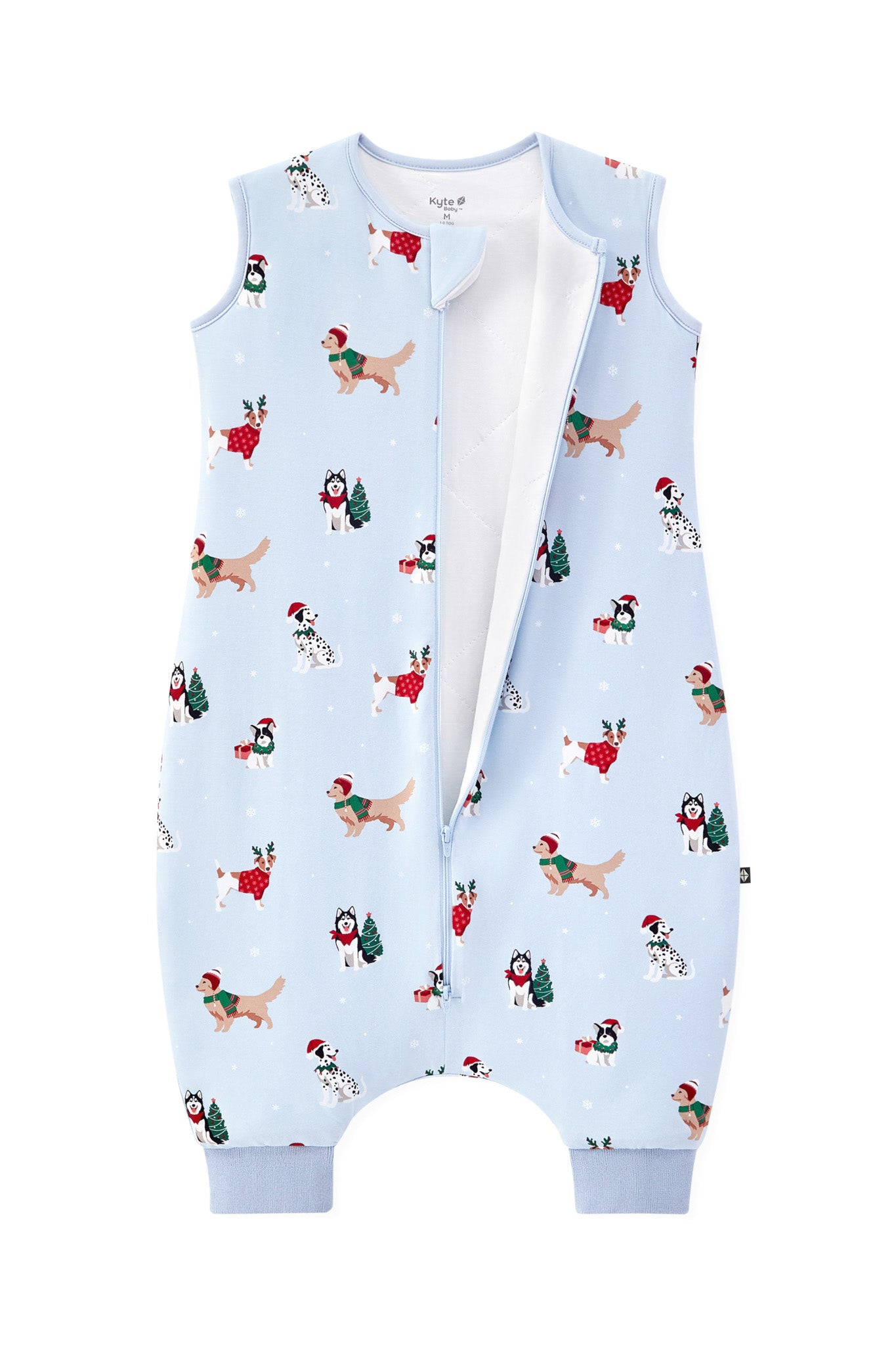 Blue Sleep Bag Walker in Holiday Pups 1.0 print with open zipper on a white background