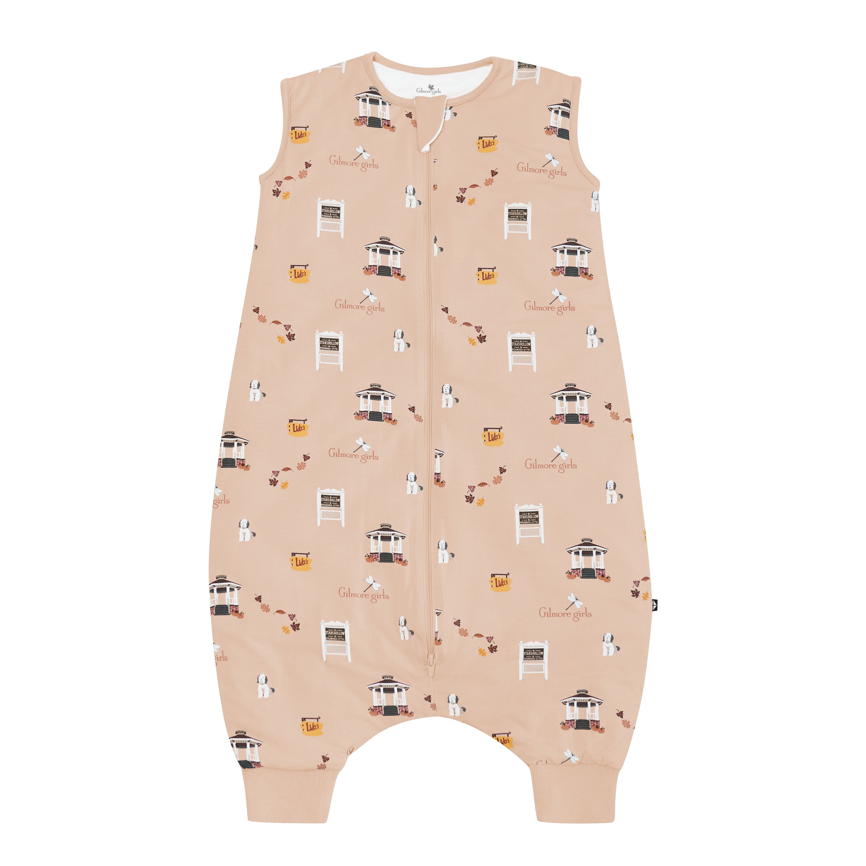 Beige baby sleep bag walker with Gilmore Girls pattern on a white background