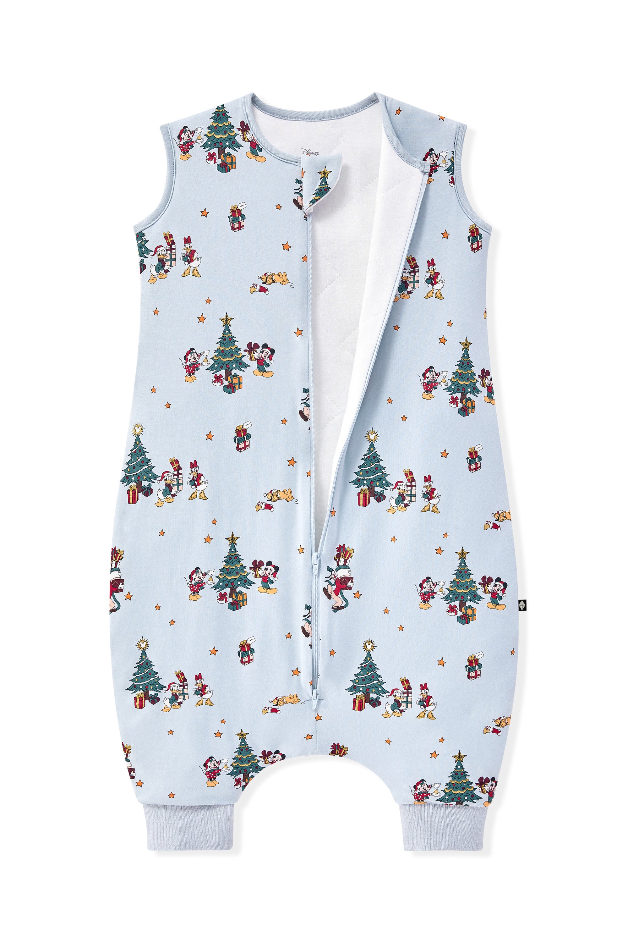 Sleep Bag Walker in Mickey & Friends Christmas 1.0 print with open zipper on a white background