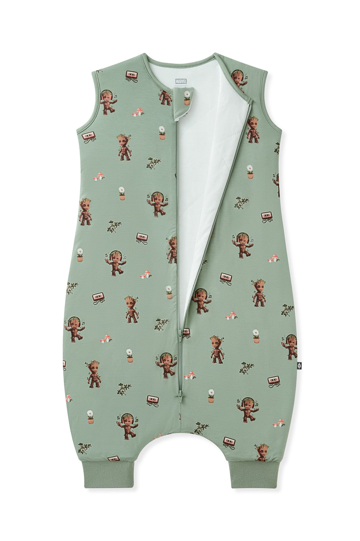 Green Sleep Bag Walker in Groot print with zipper on white background