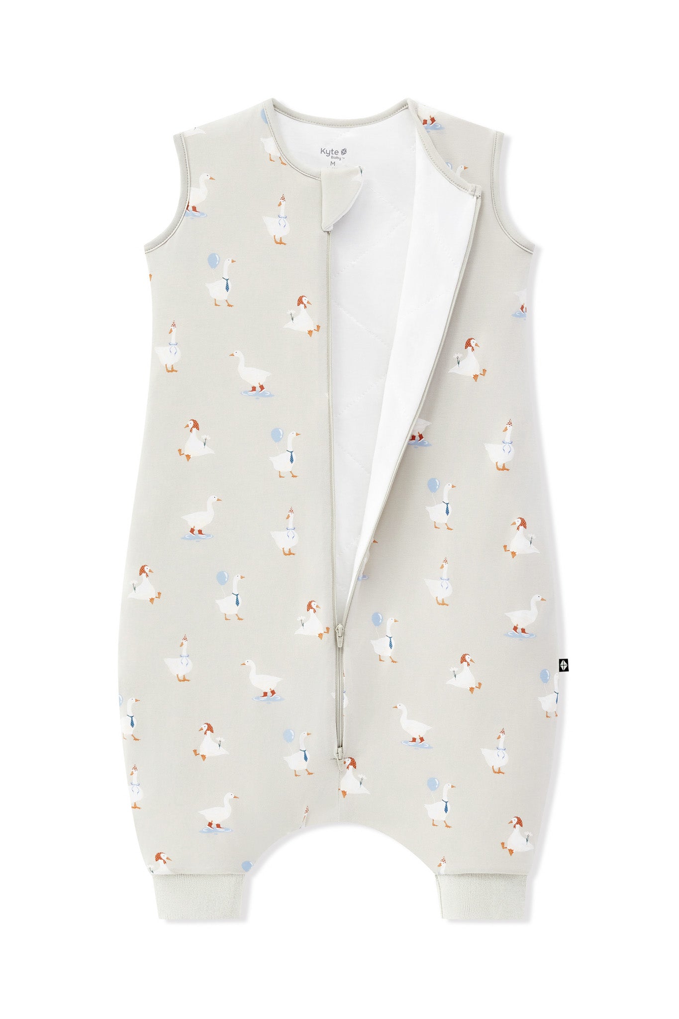 Sleep Bag Walker in Oat Silly Goose 1.0 print with open zipper on a white background