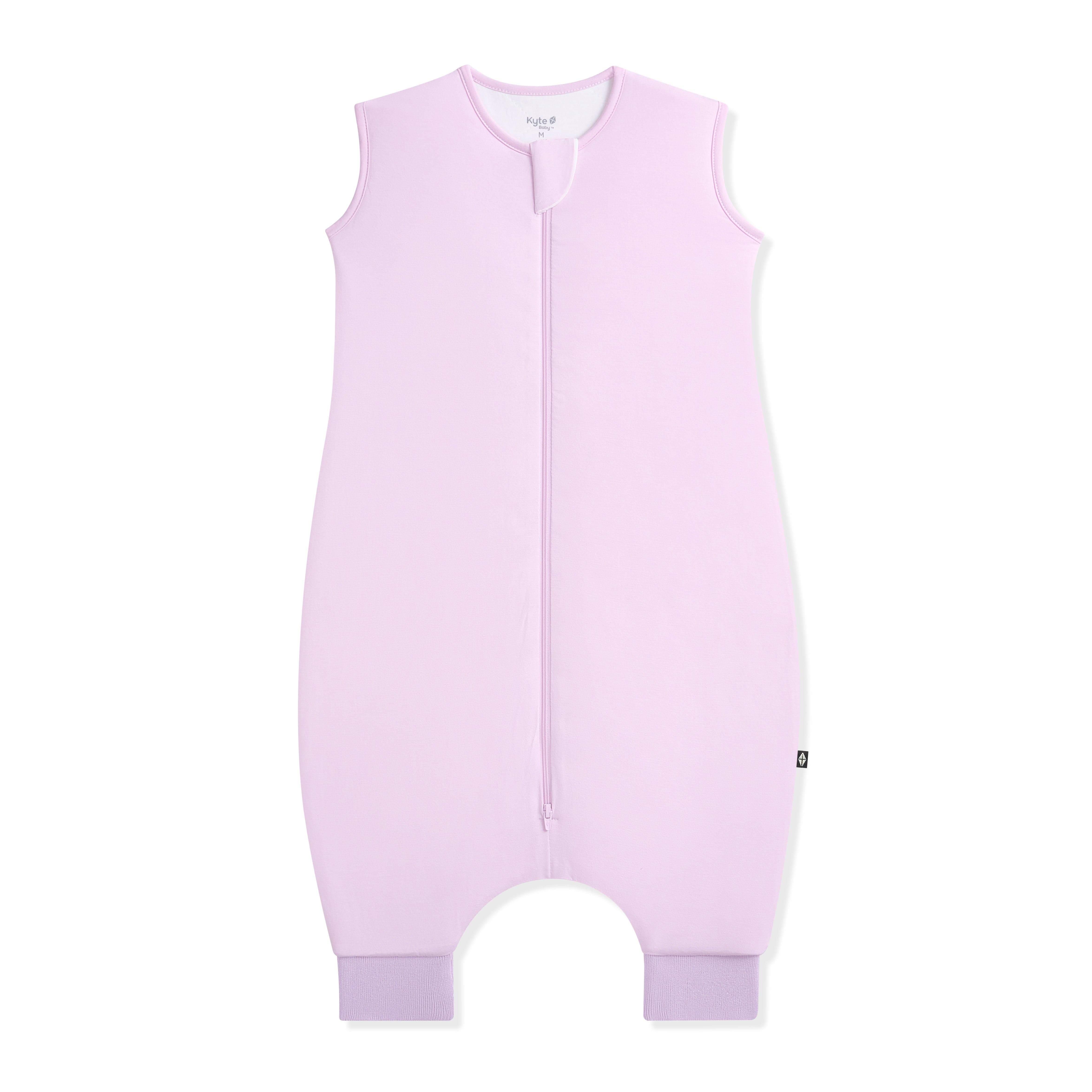 Purple bamboo sleep bag walker with a zipper on a white background