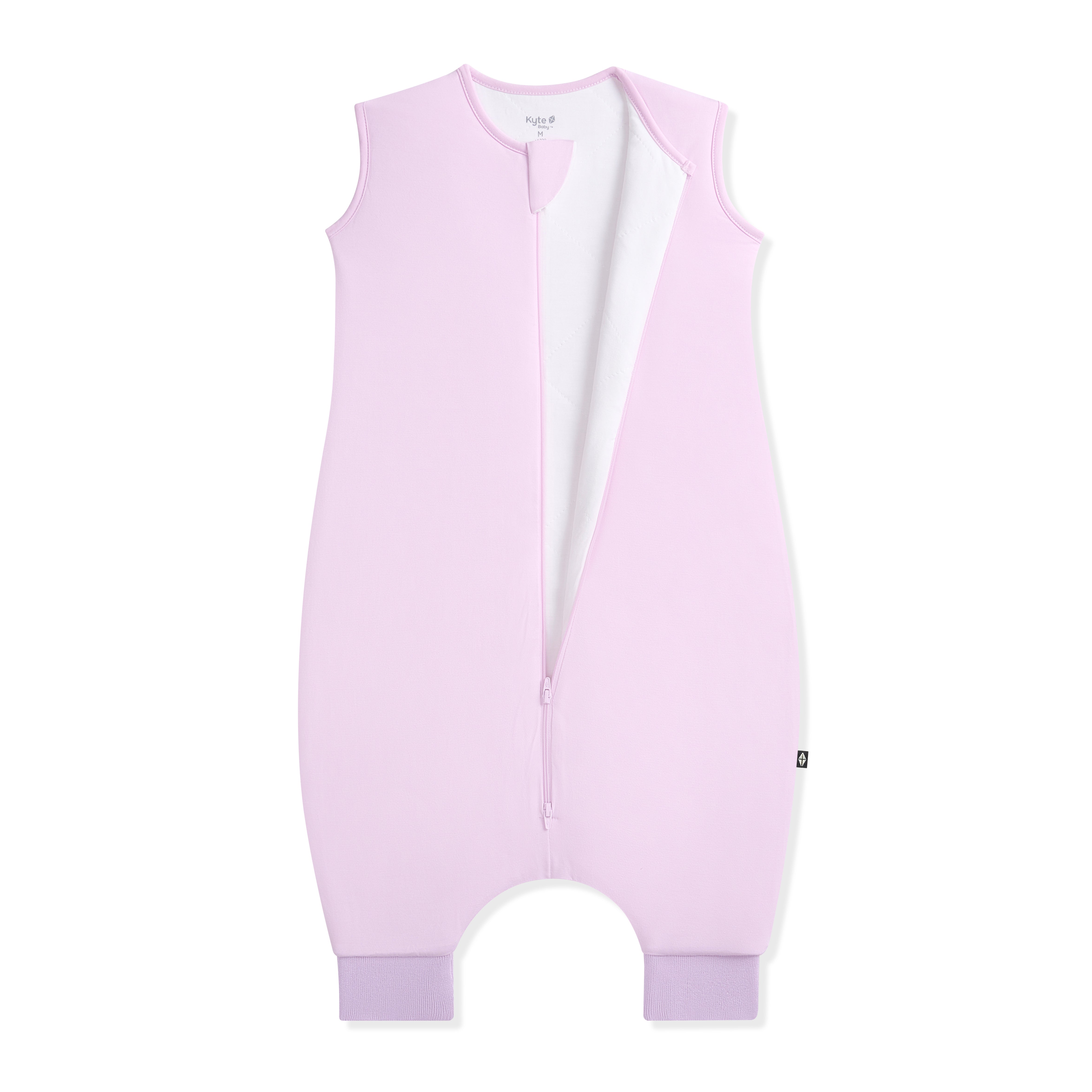 Purple baby sleeping bag walker unzipped on a white background