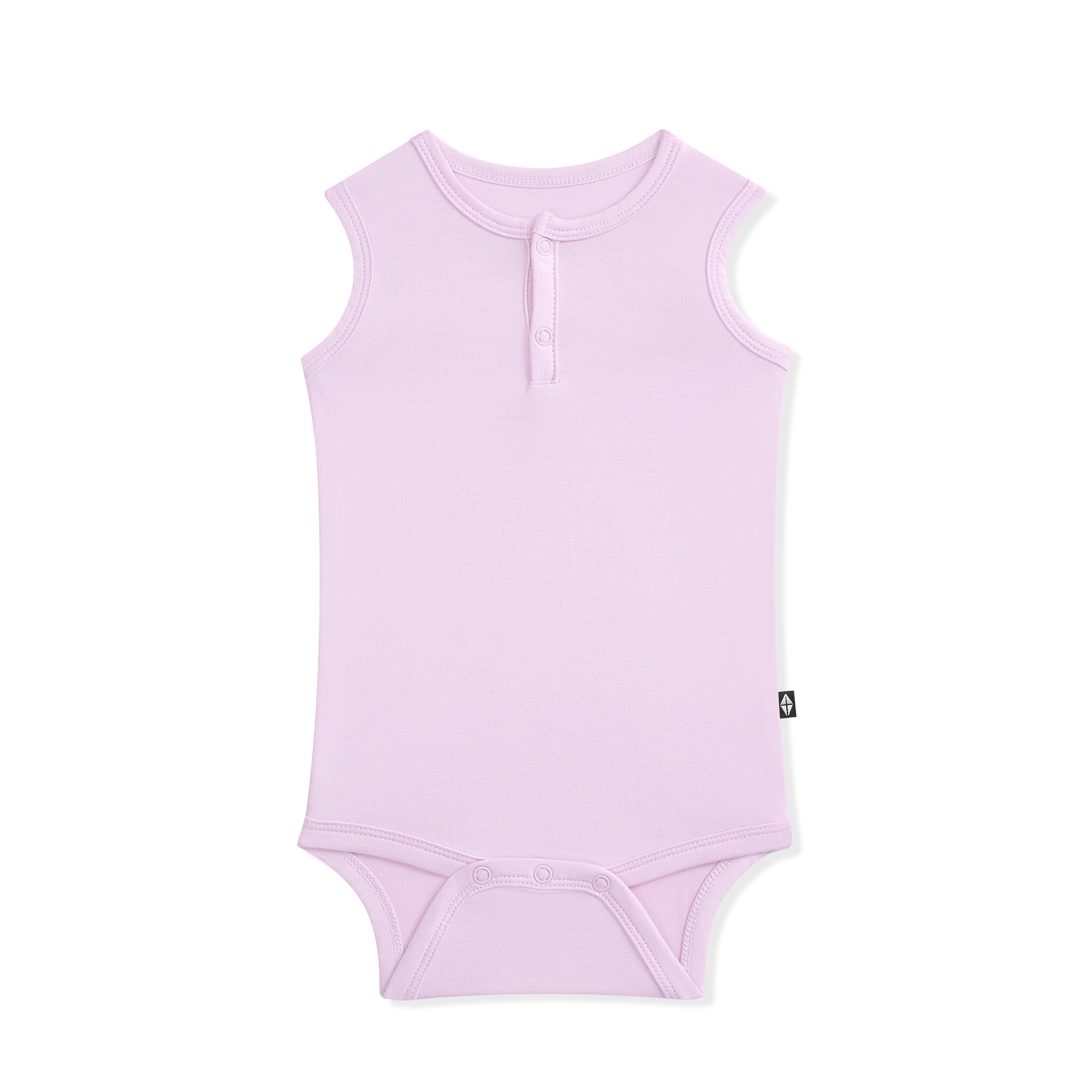 Lavender sleeveless baby bodysuit on a white background
