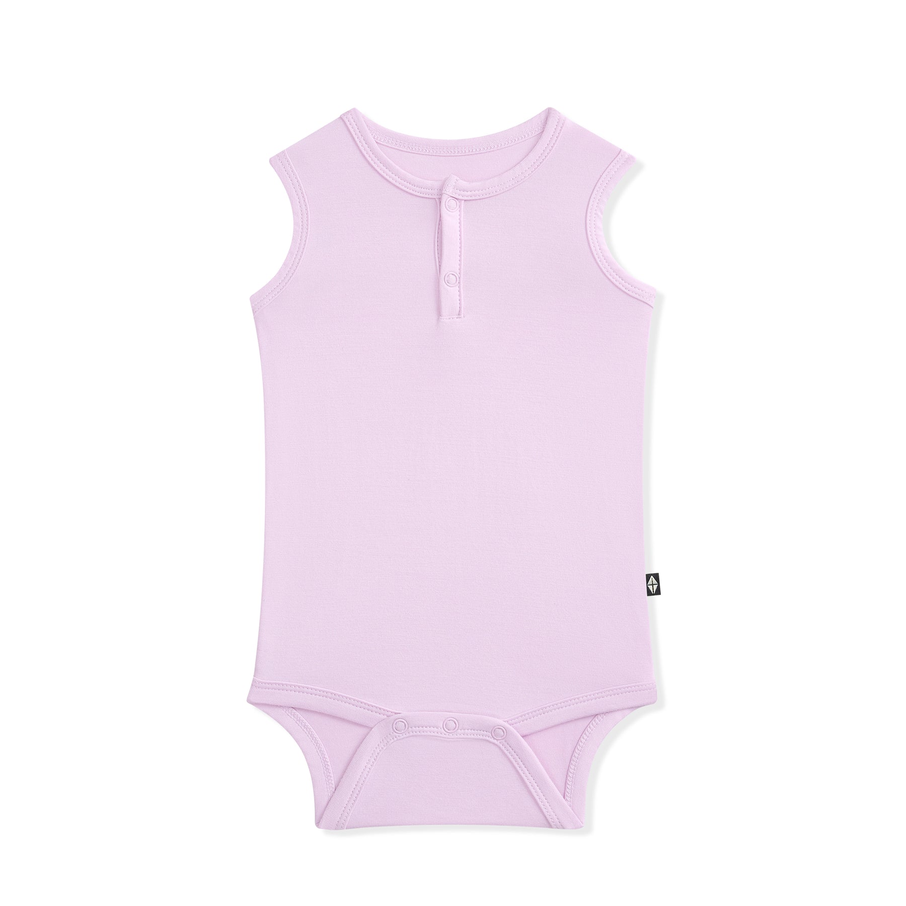 Lavender sleeveless baby bodysuit on a white background