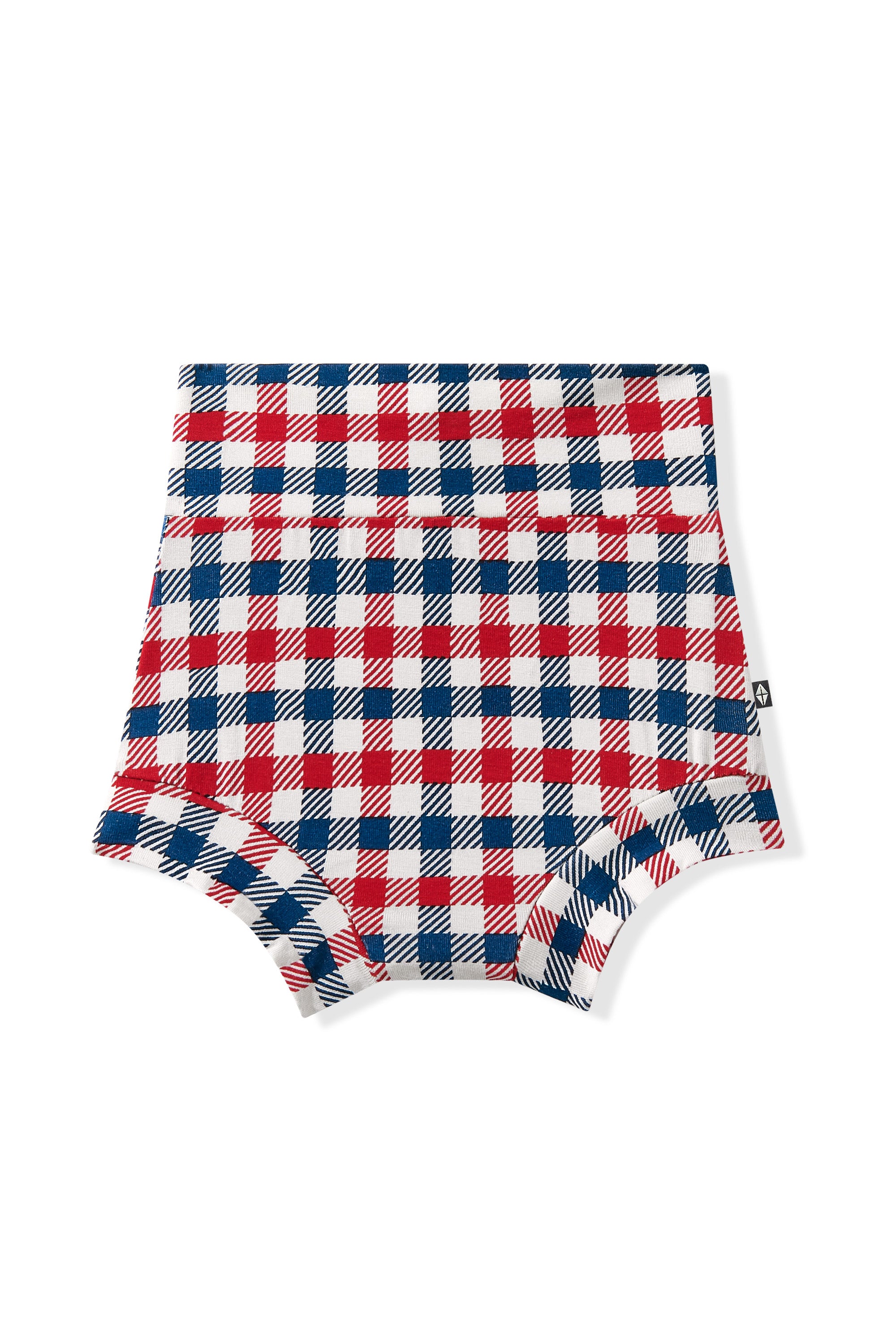Red blue and white patriotic gingham check print bummies on a white background