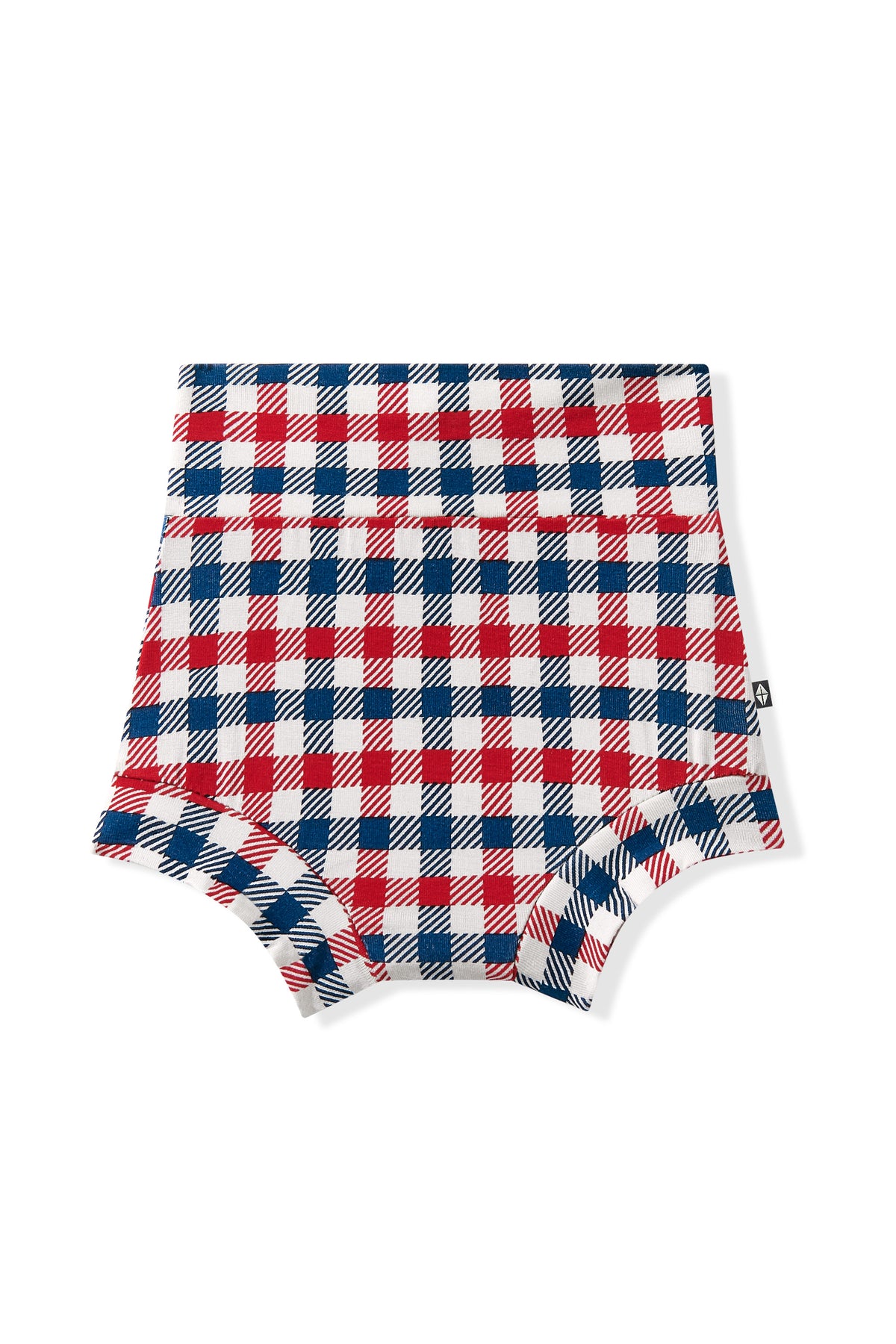 Red blue and white patriotic gingham check print bummies on a white background