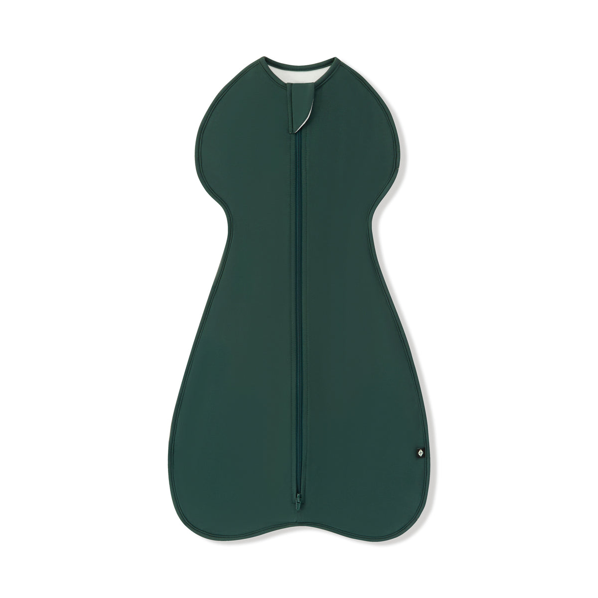 A dark green zippered baby swaddle with a rounded, ergonomic shape, shown flat against a white background.