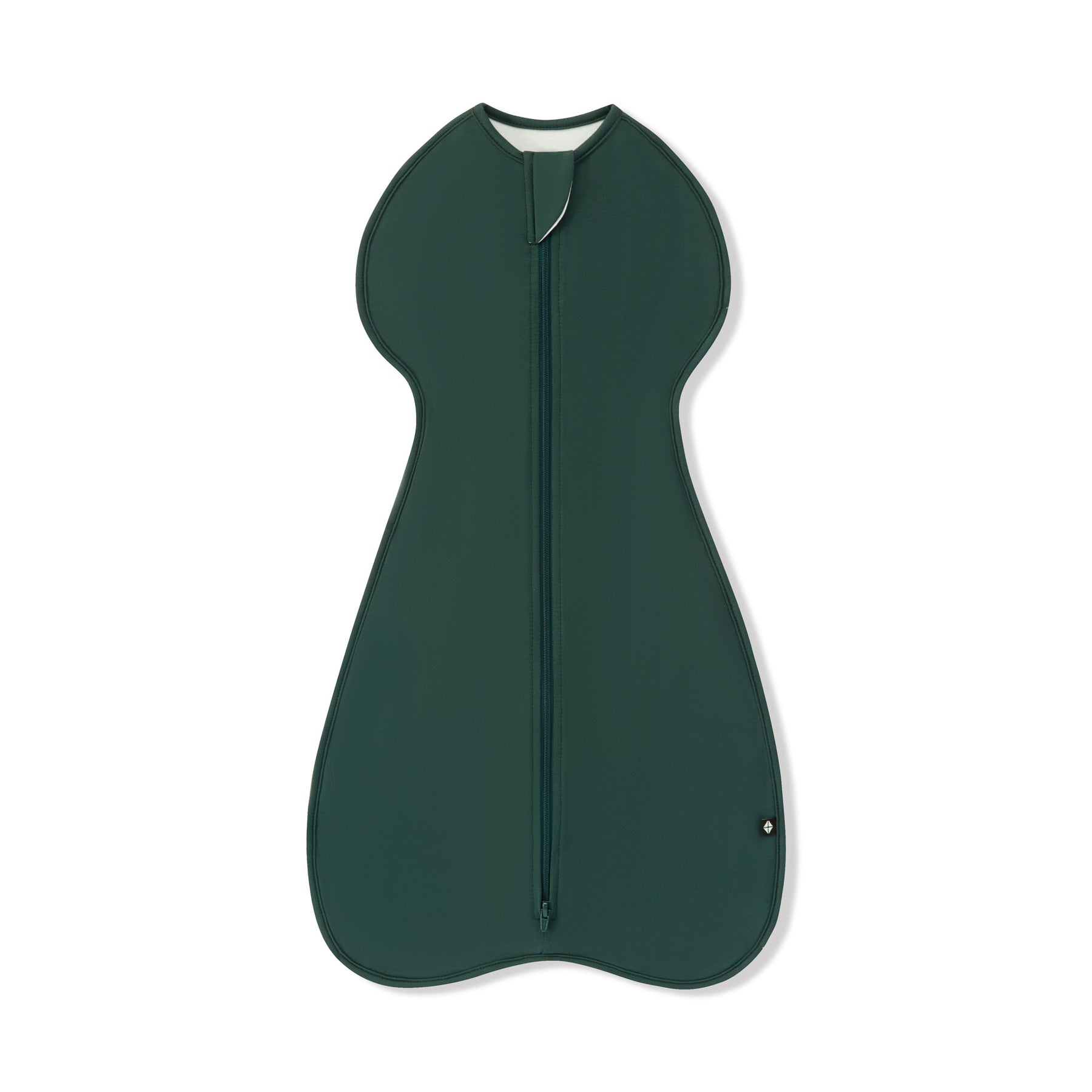 A dark green zippered baby swaddle with a rounded, ergonomic shape, shown flat against a white background.