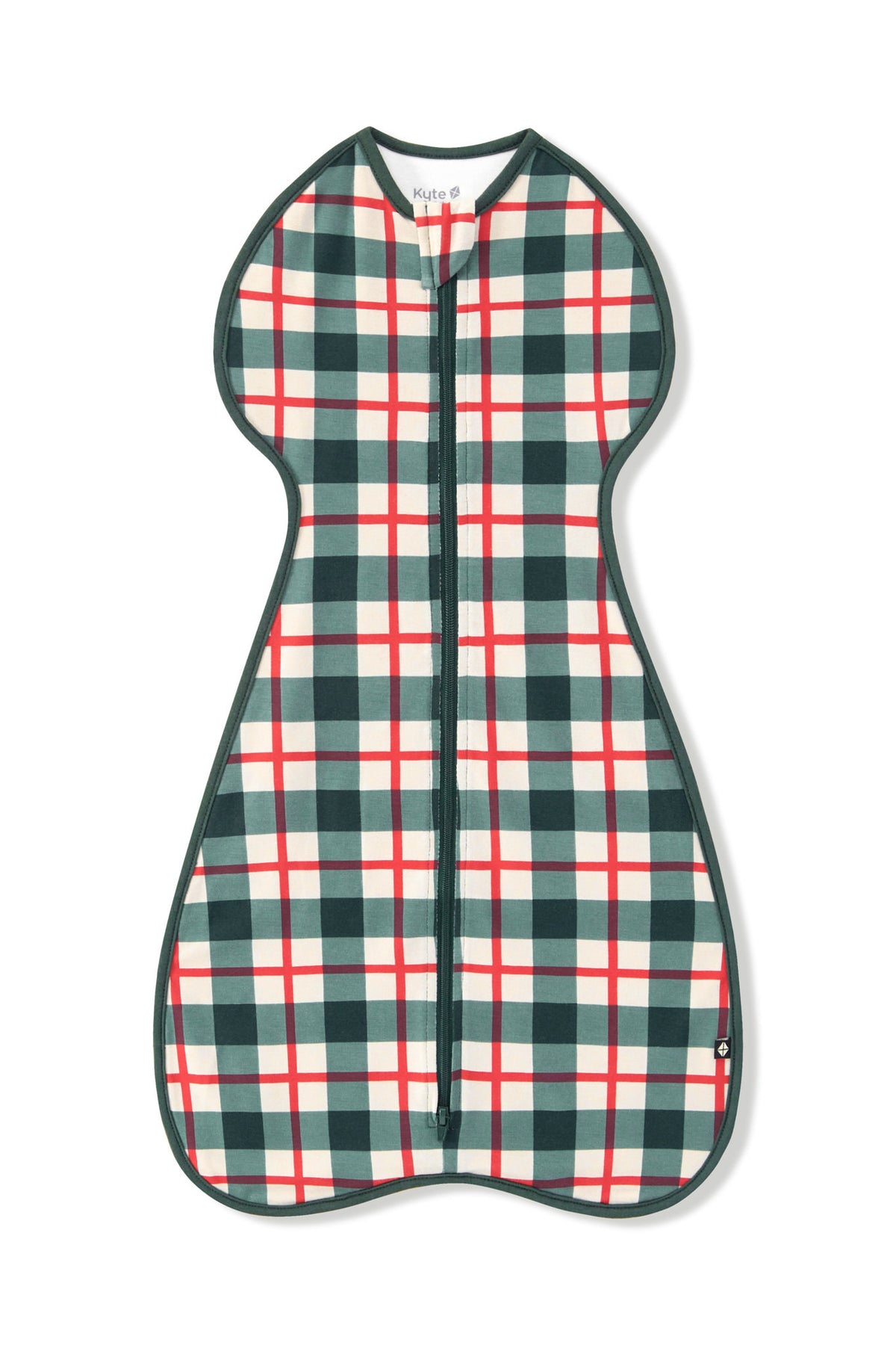 A sleeveless zippered baby sleeping bag or wearable blanket featuring a green, white, and red plaid pattern, shown flat against a white background.
