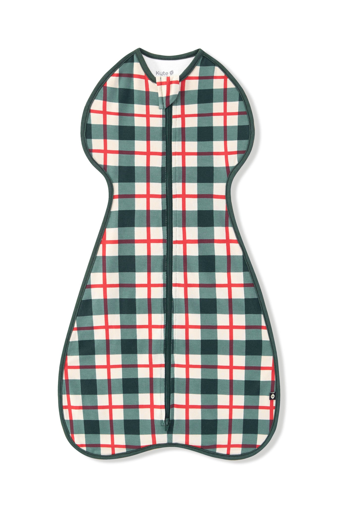 A sleeveless zippered baby sleeping bag or wearable blanket featuring a green, white, and red plaid pattern, shown flat against a white background.