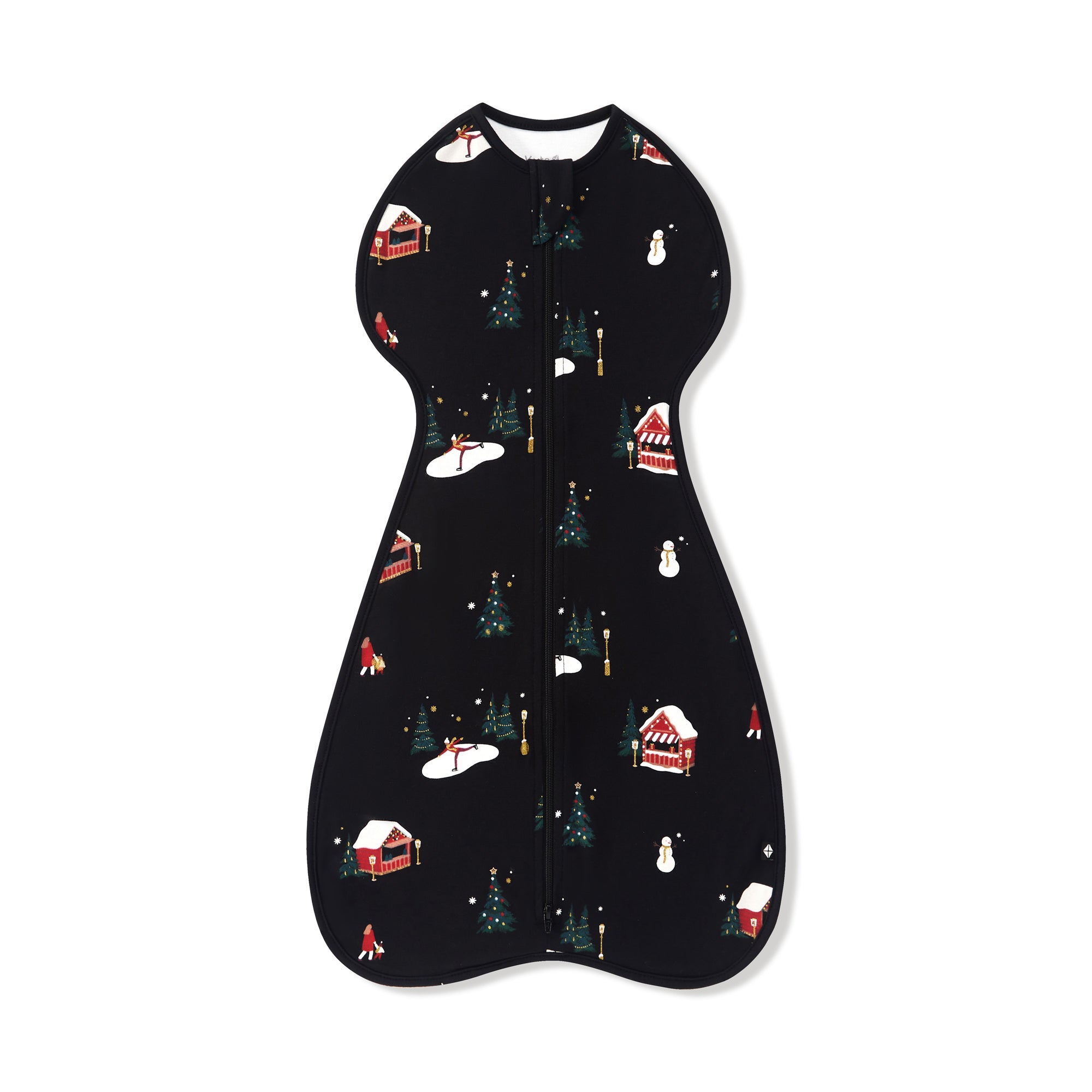 A black baby sleep sack with a festive winter print featuring snow-covered cabins, Christmas trees, snowmen, and sleighs, shown flat against a white background.
