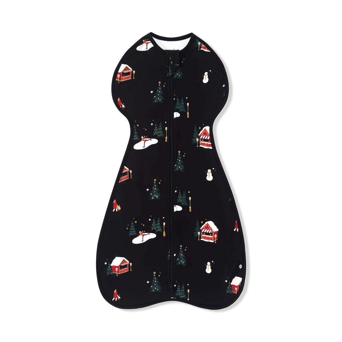 A black baby sleep sack with a festive winter print featuring snow-covered cabins, Christmas trees, snowmen, and sleighs, shown flat against a white background.