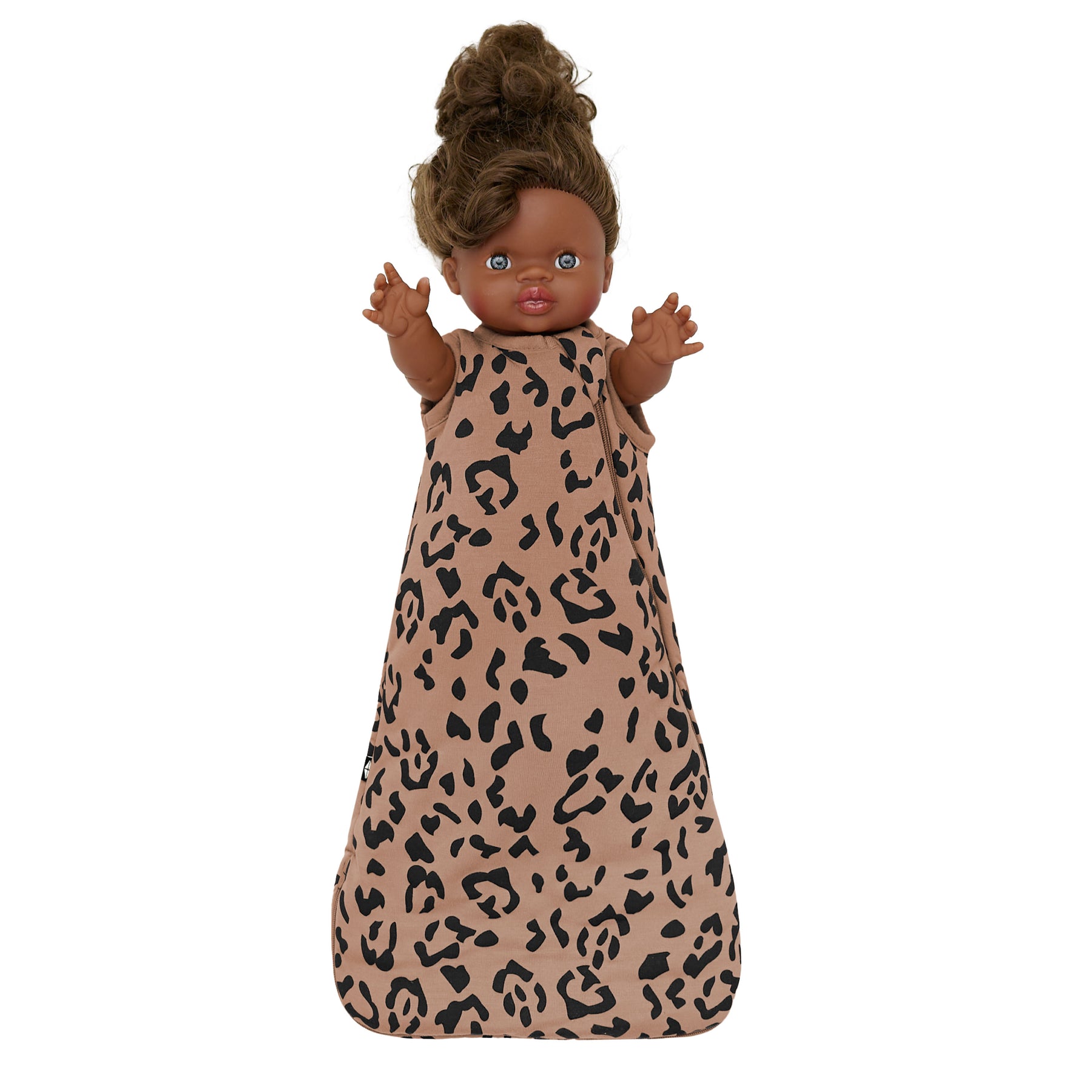 Baby Doll Sleep Bag in Latte Leopard shown on a baby doll