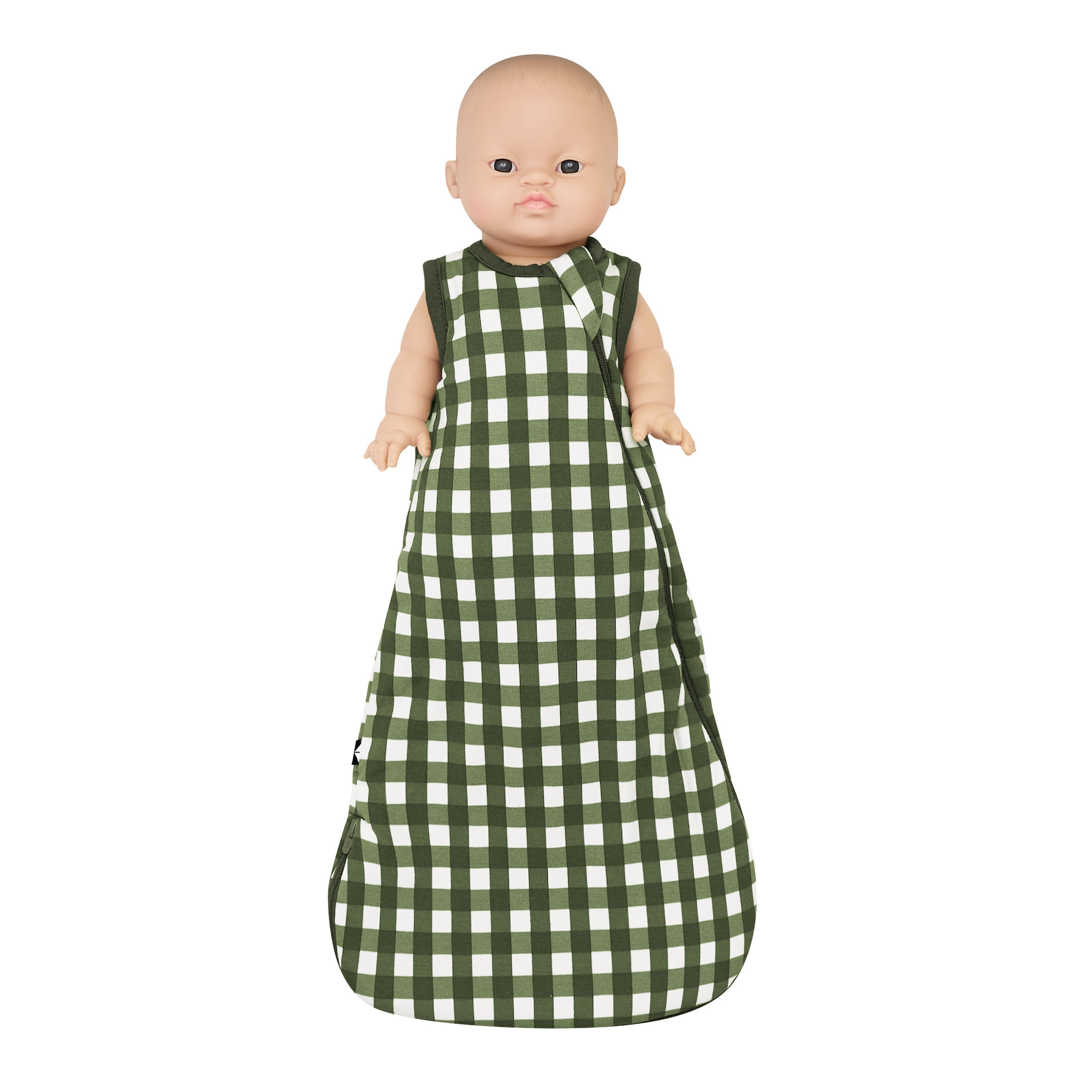 Baby Doll Sleep Bag in Gingham Fir shown on a doll