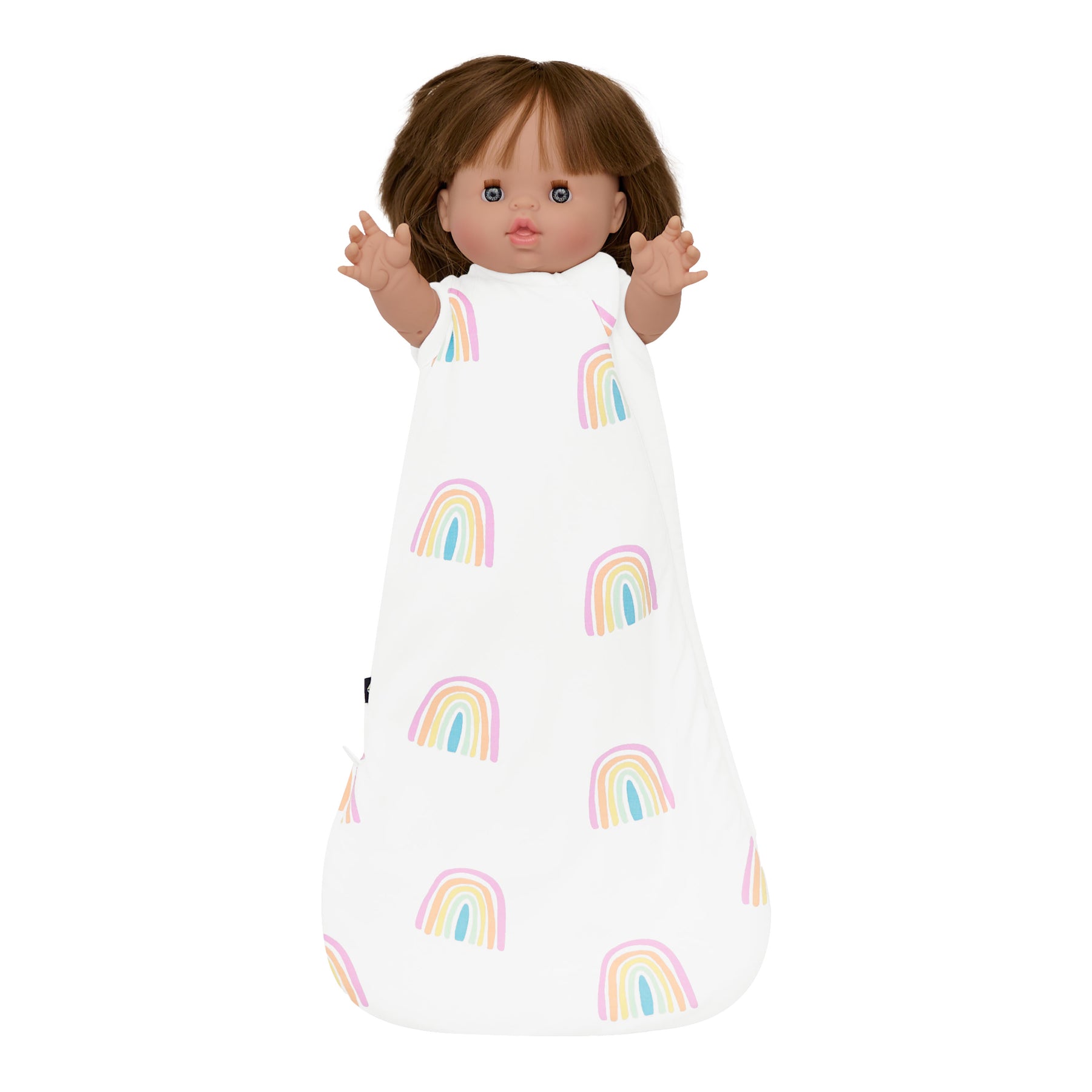 Baby Doll Sleep Bag in Poi Rainbow shown on baby doll