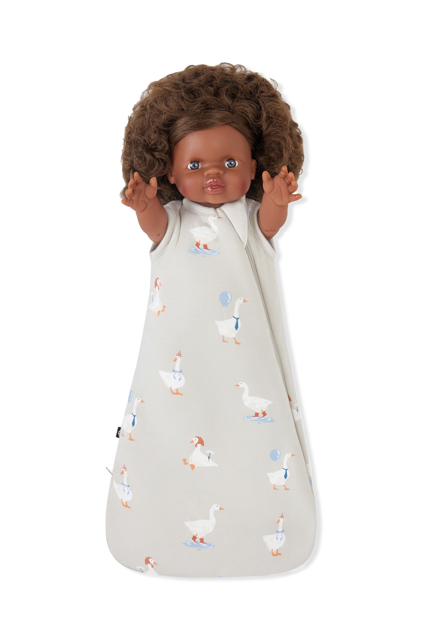 Baby Doll Sleep Bag in Oat Silly Goose print on a white background