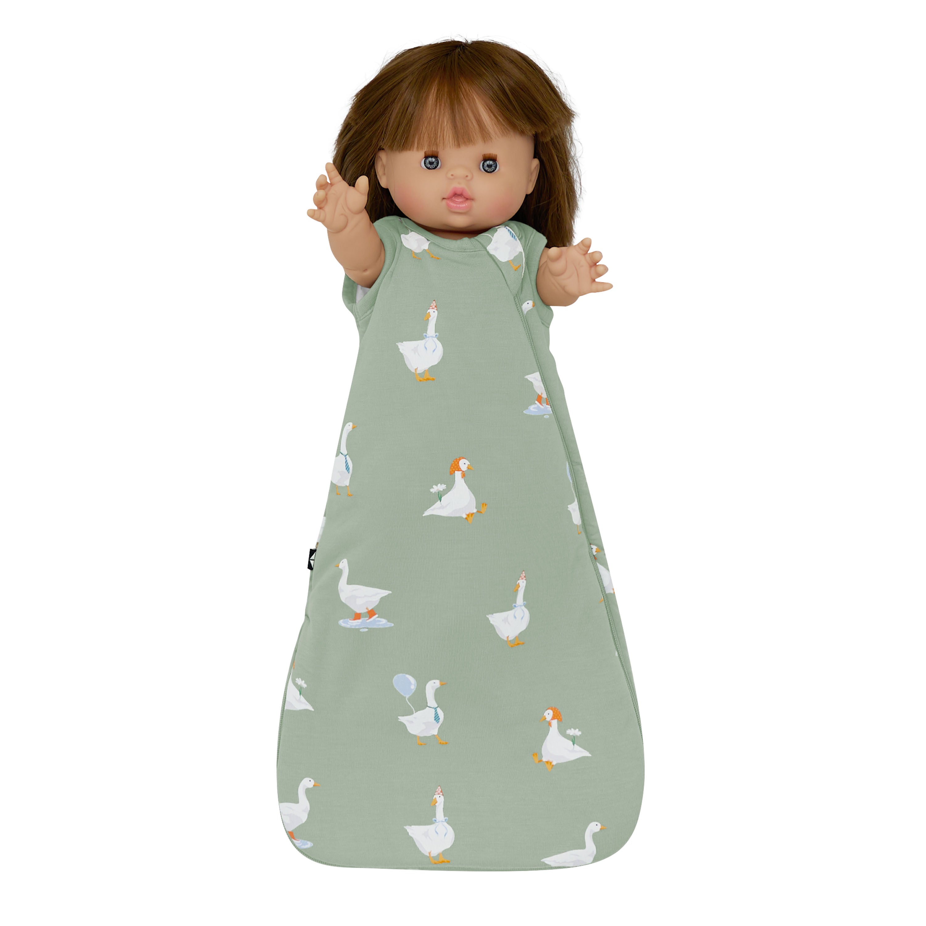 Baby Doll Sleep Bag in Silly Goose shown worn on a doll
