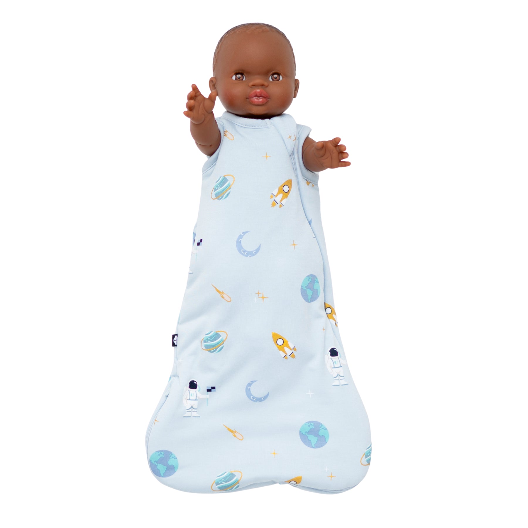 image of ice space baby doll sleep bag modeled on a baby doll