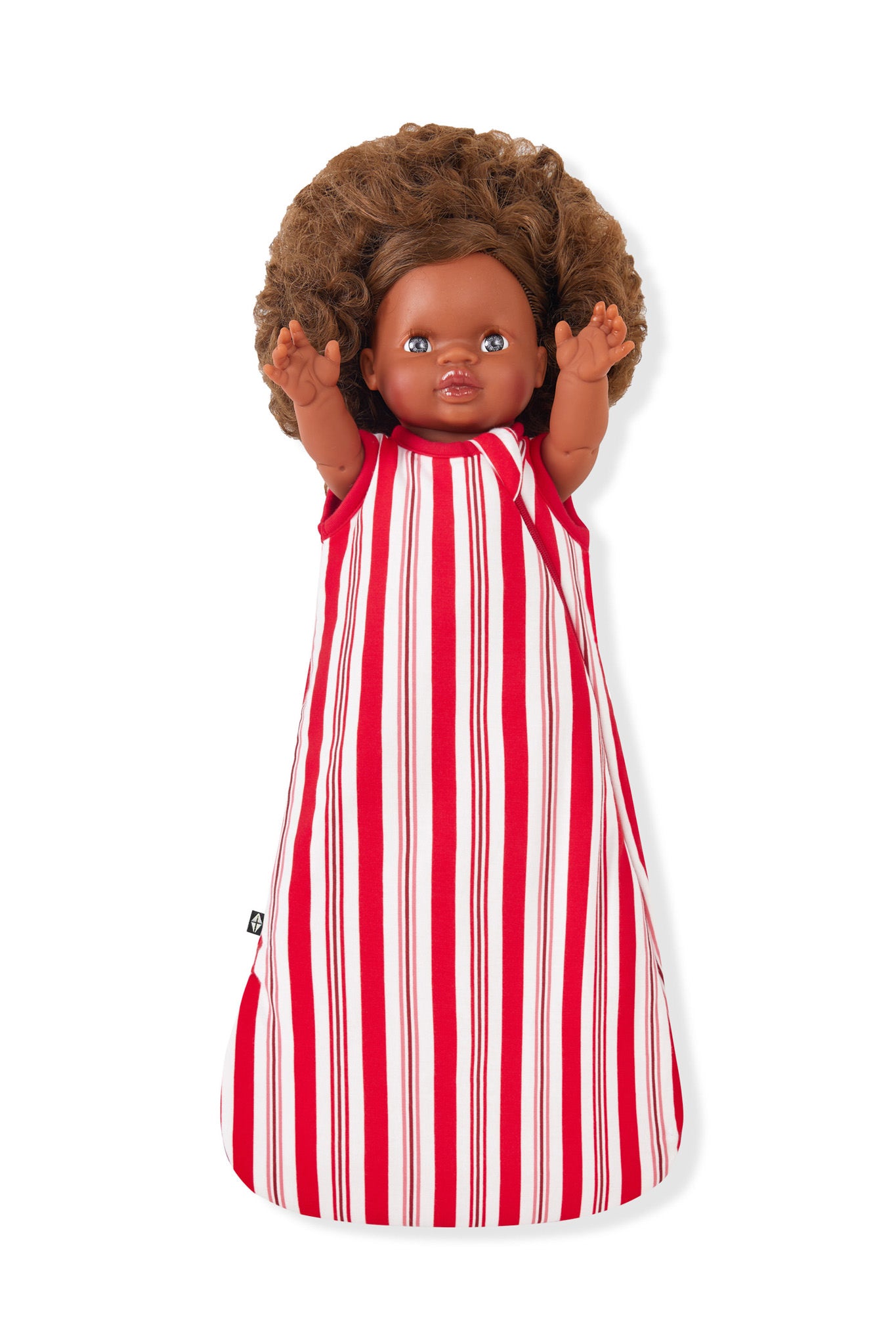 Baby Doll Sleep Bag in red and white Peppermint Stripes print on a white background