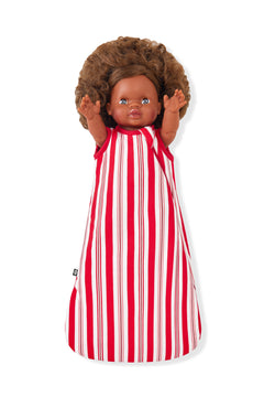 Baby Doll Sleep Bag in red and white Peppermint Stripes print on a white background