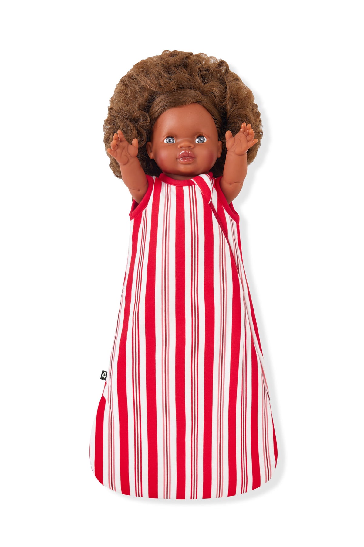 Baby Doll Sleep Bag in red and white Peppermint Stripes print on a white background