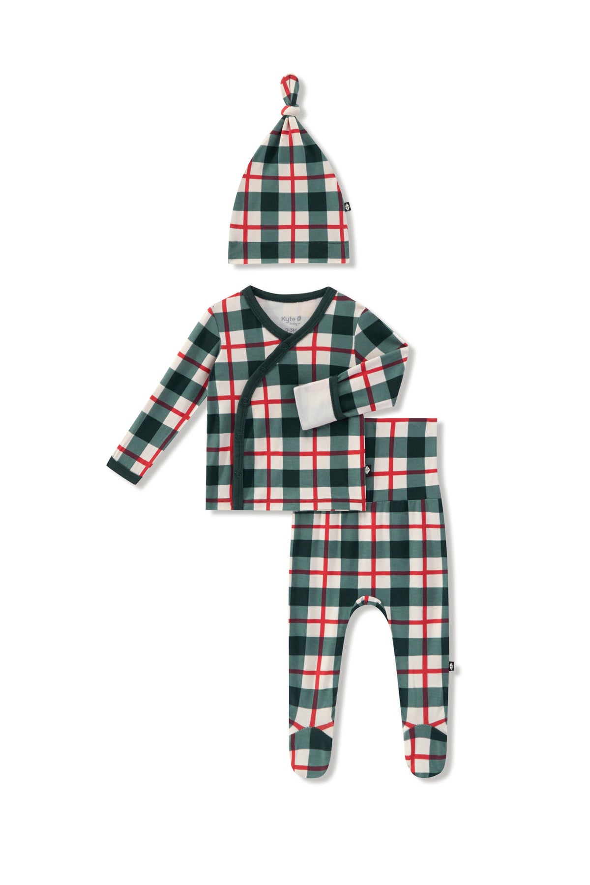 A three-piece baby clothing set featuring a long-sleeve kimono top, matching pants, and a knit hat, all in a green, white, and red plaid pattern, displayed on a clean white background.