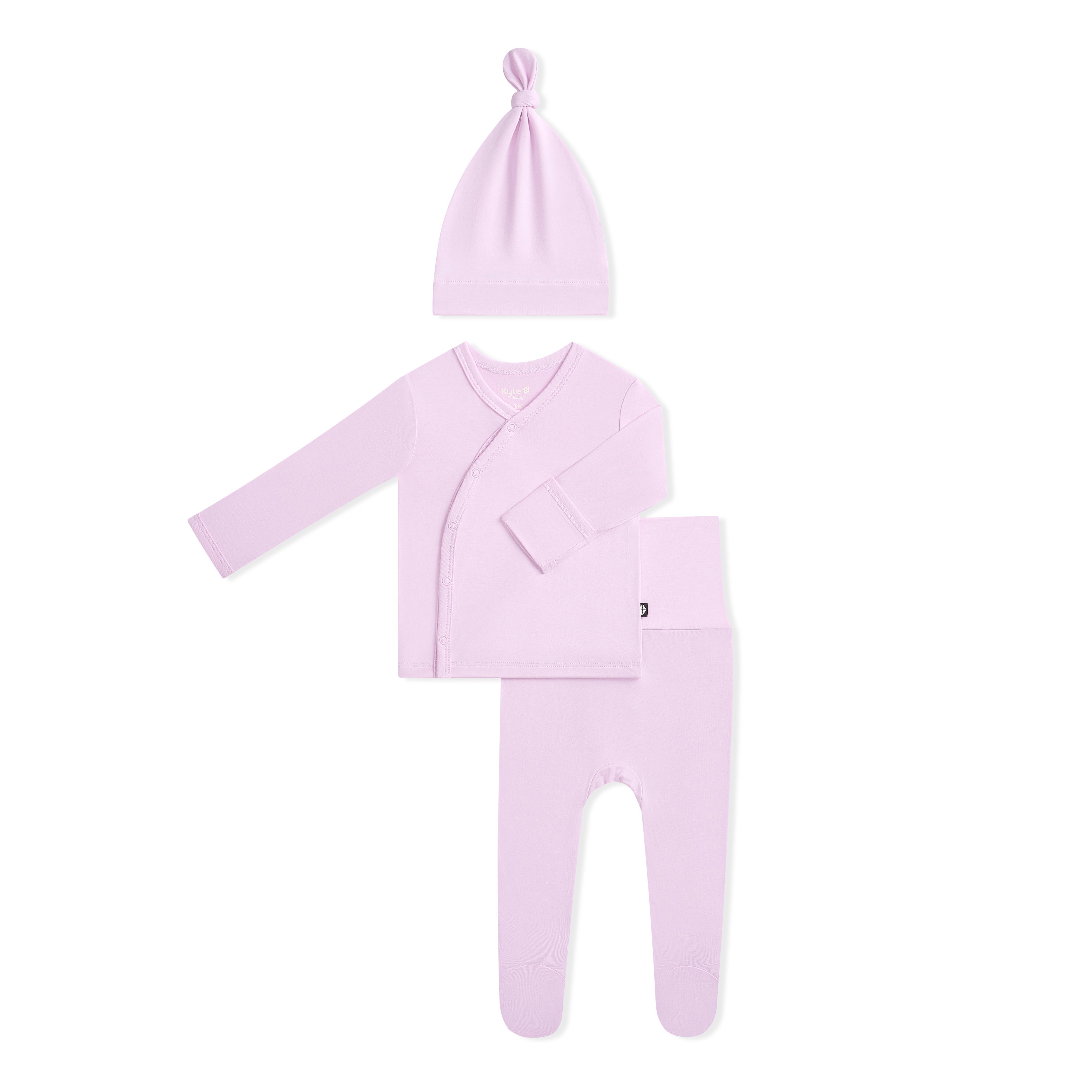 Purple baby outfit set with top, pants, and hat on a white background