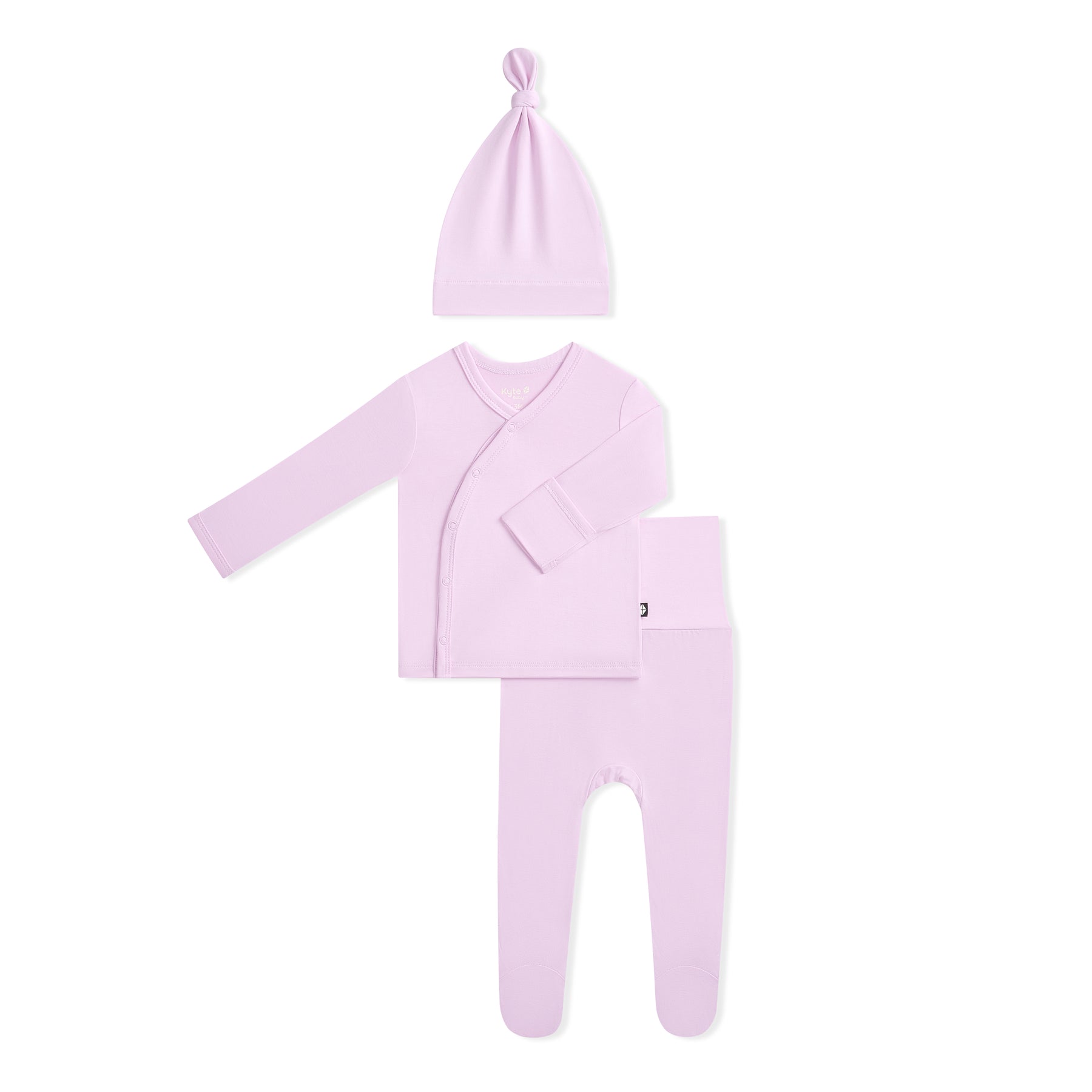 Purple baby outfit set with top, pants, and hat on a white background
