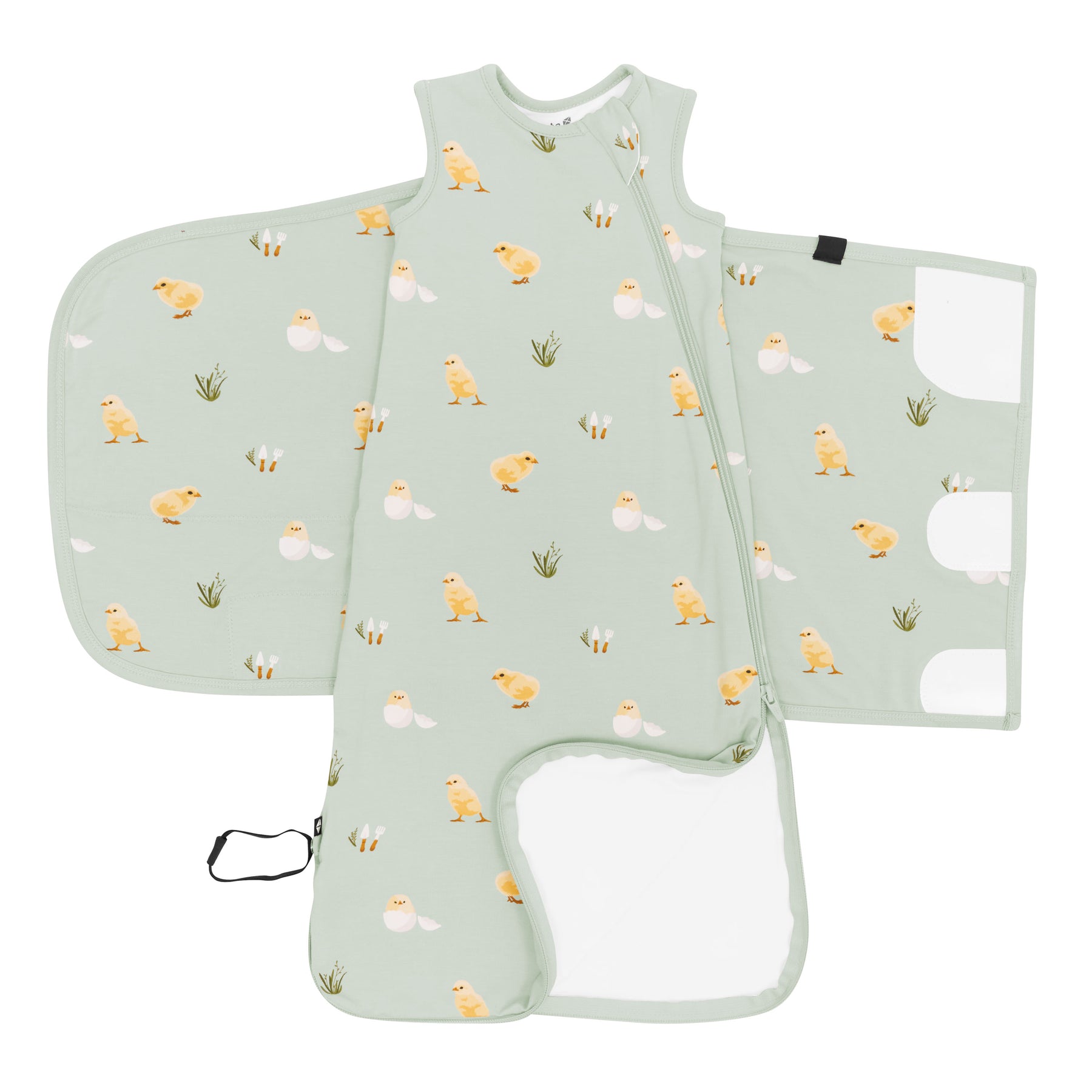 Sleep Bag Swaddler in Aloe Chick 0.5 shown unswaddled and unzipped