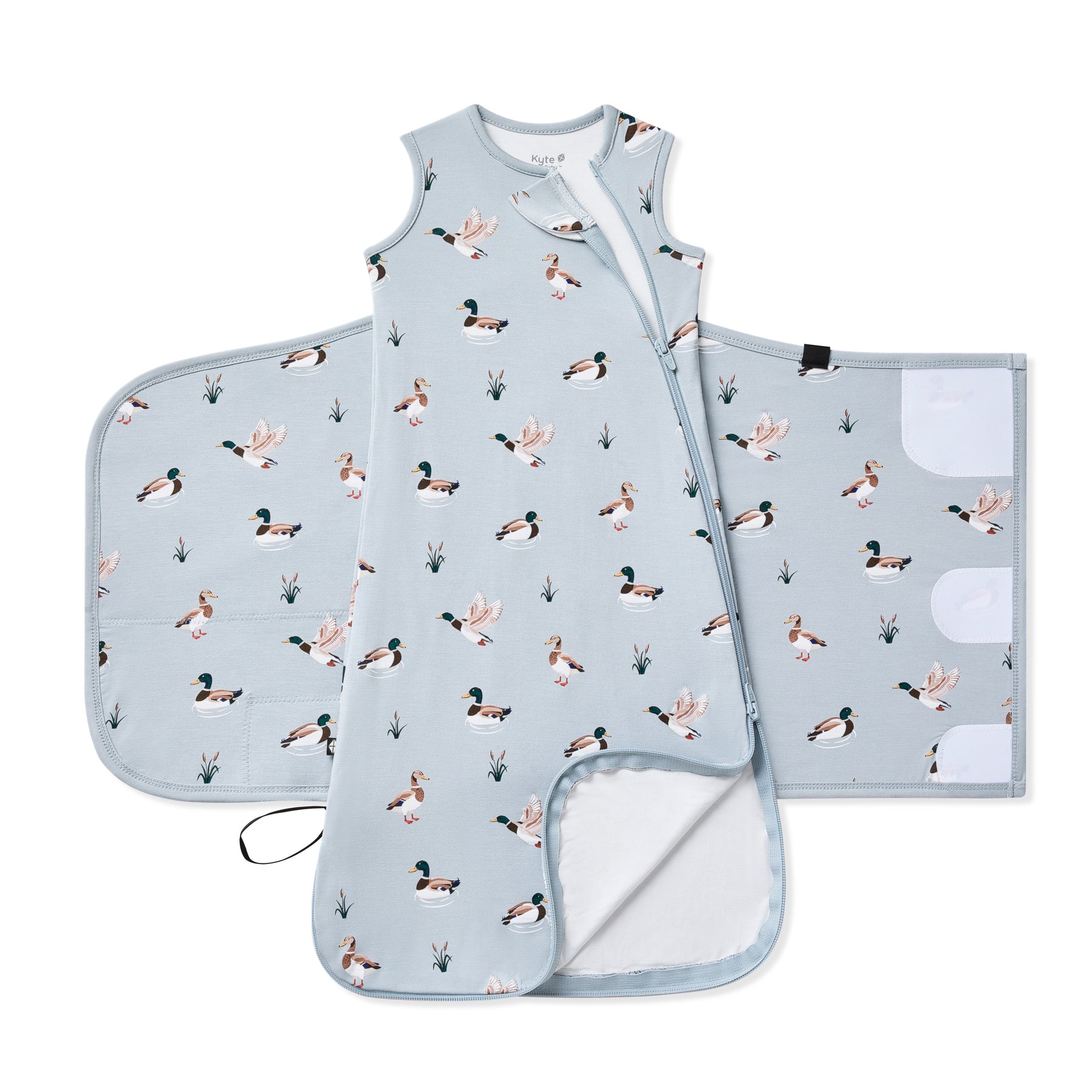 Double zipper shown on an unswaddled Sleep Bag Swaddler in Mallard Duck 0.5