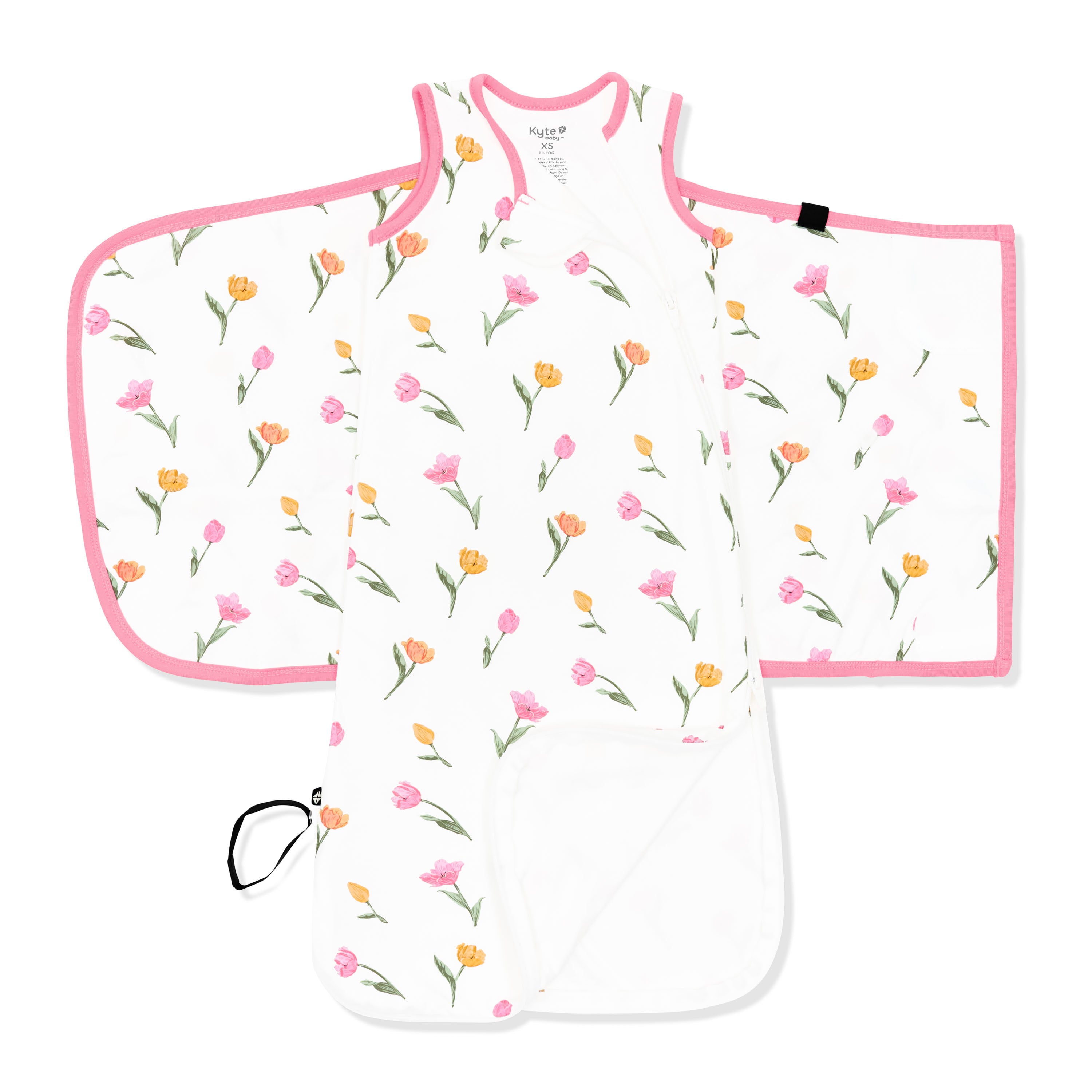 Double zipper shown on an unswaddled Sleep Bag Swaddler in Tulip 0.5