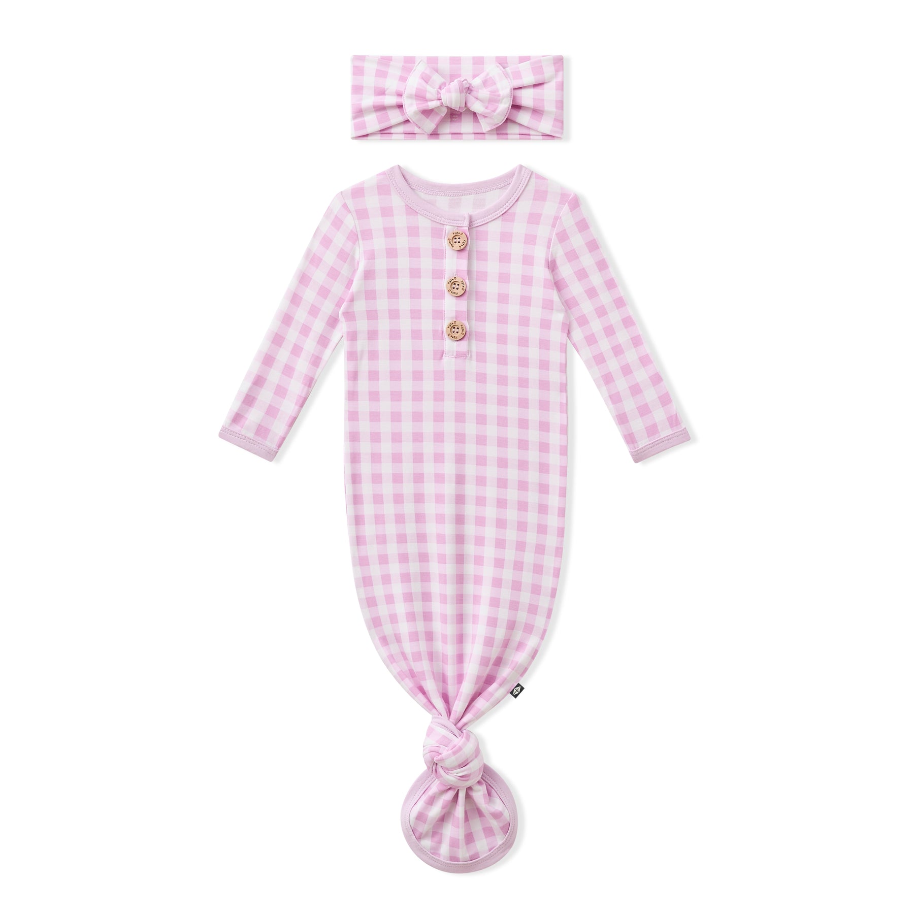 Knotted Gown with Bow Set in Gingham Thistle shown on a white surface