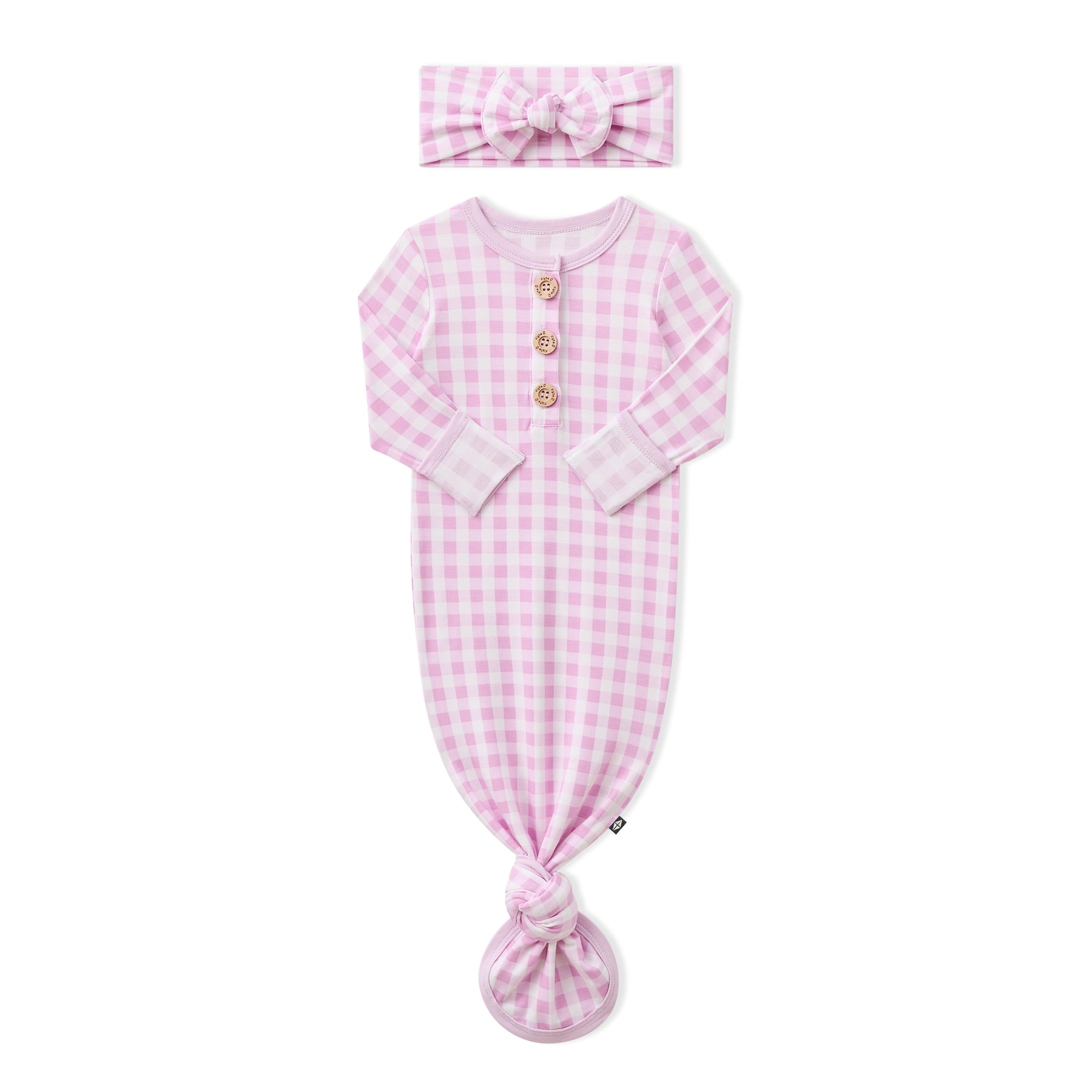 Knotted Gown with Bow Set in Gingham Thistle shown with the arms folded inwards on a white surface