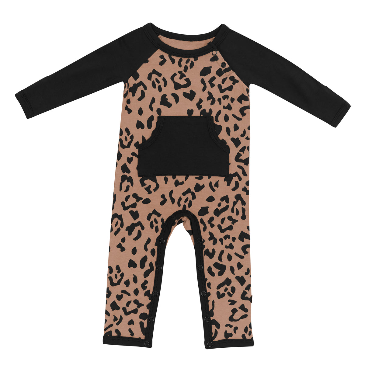 Product photo of the Longall in Latte Leopard showing the Midnight colored Trim, pocket and arms