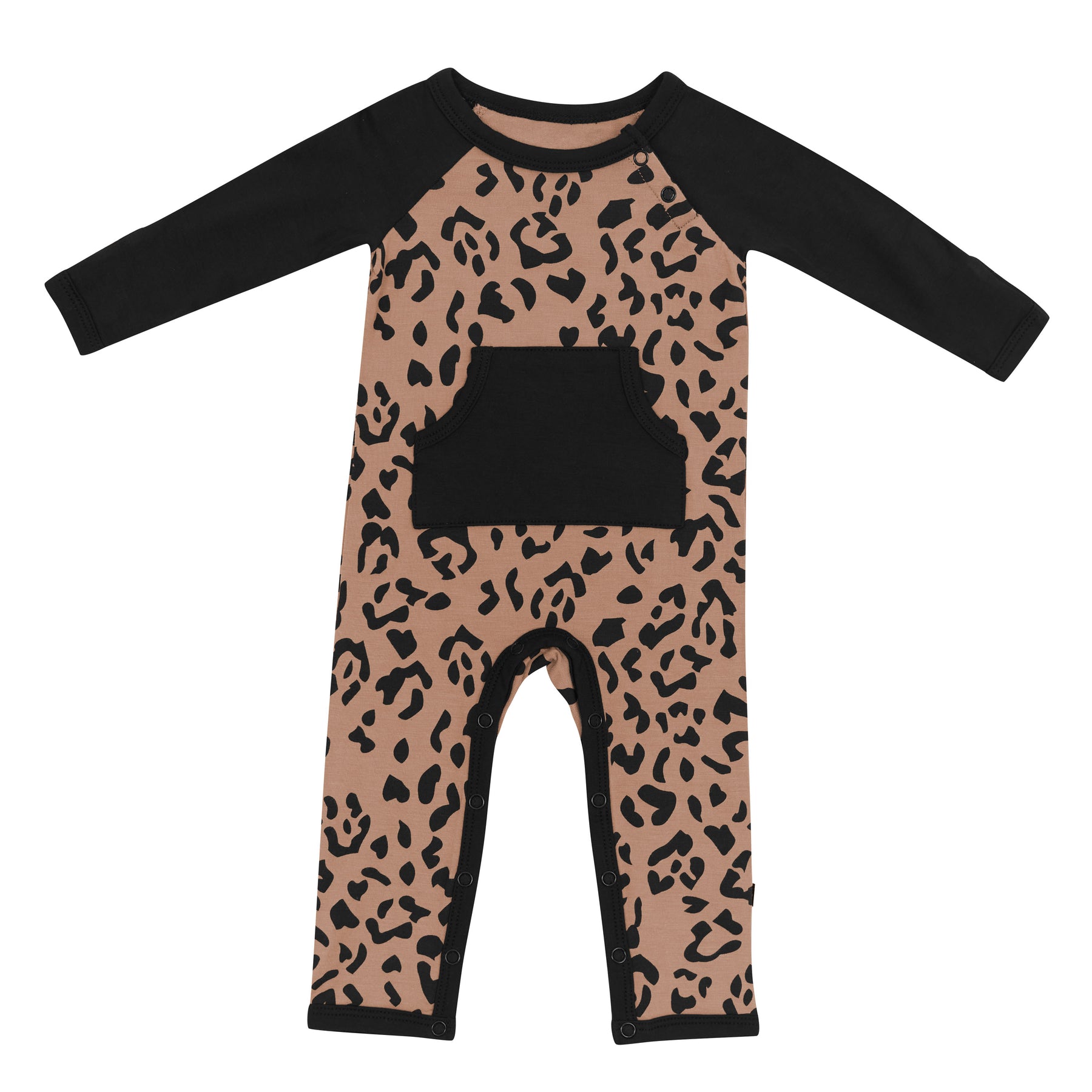 Product photo of the Longall in Latte Leopard showing the Midnight colored Trim, pocket and arms