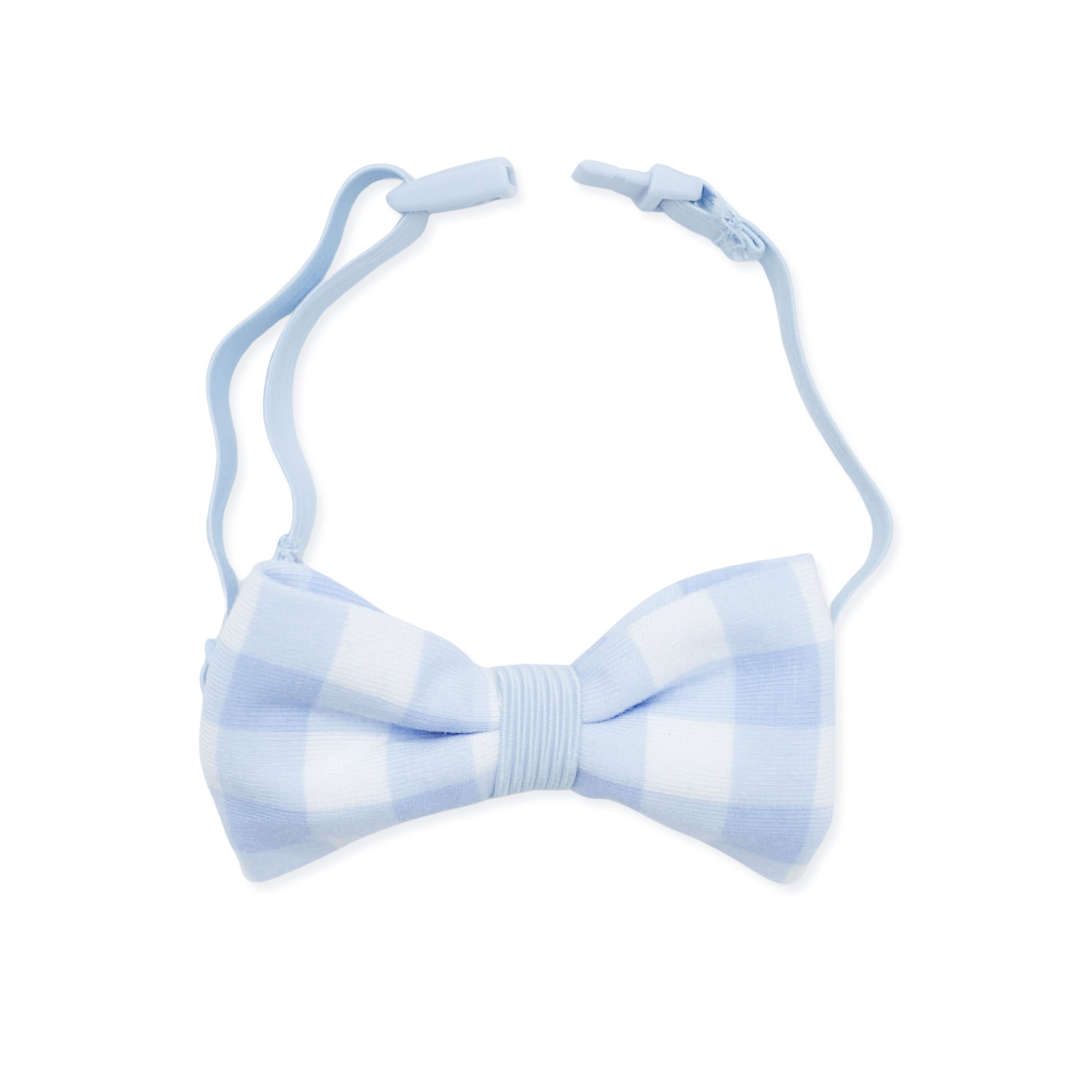 The front of the Bow Tie in Gingham Breeze shown with the clasp on a white surface