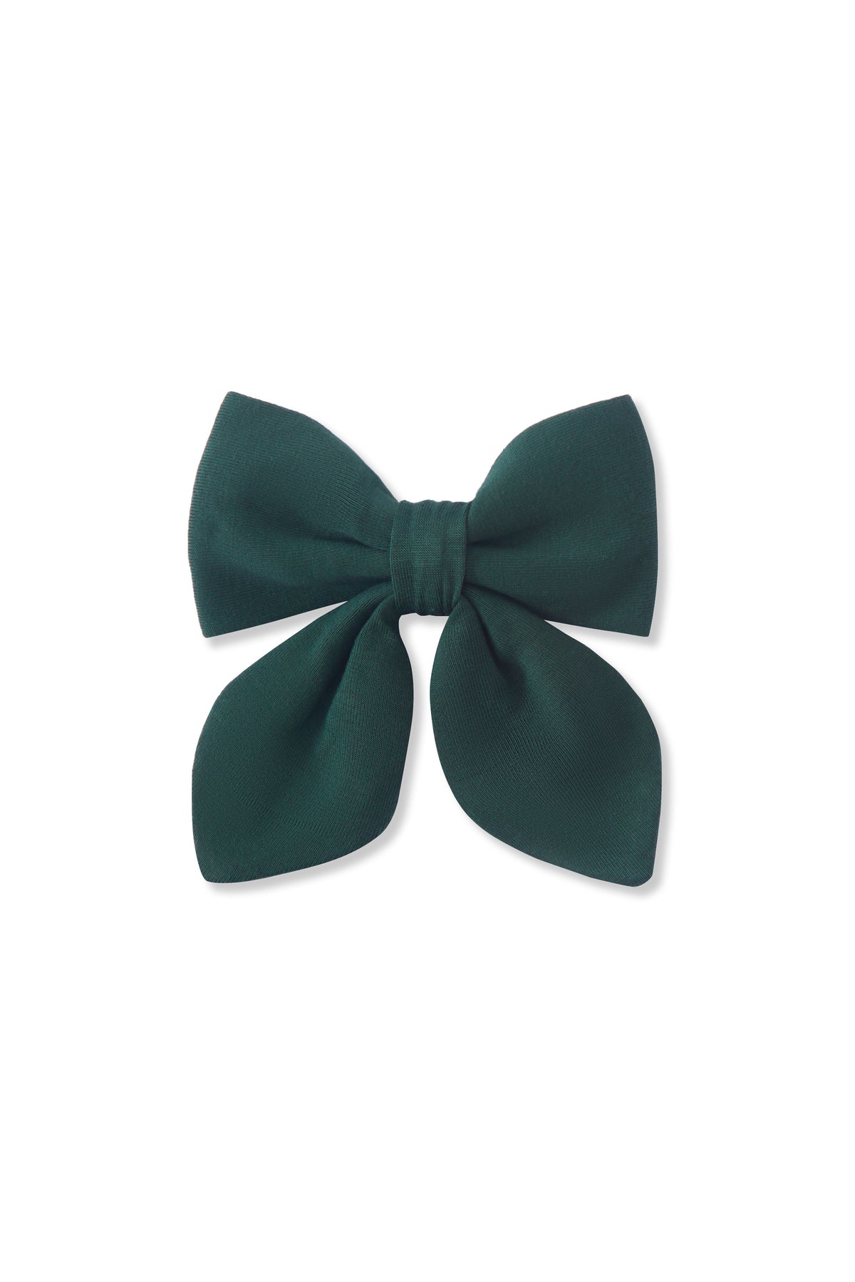 A dark green fabric hair bow with a satin-like sheen, centered on a plain white background.