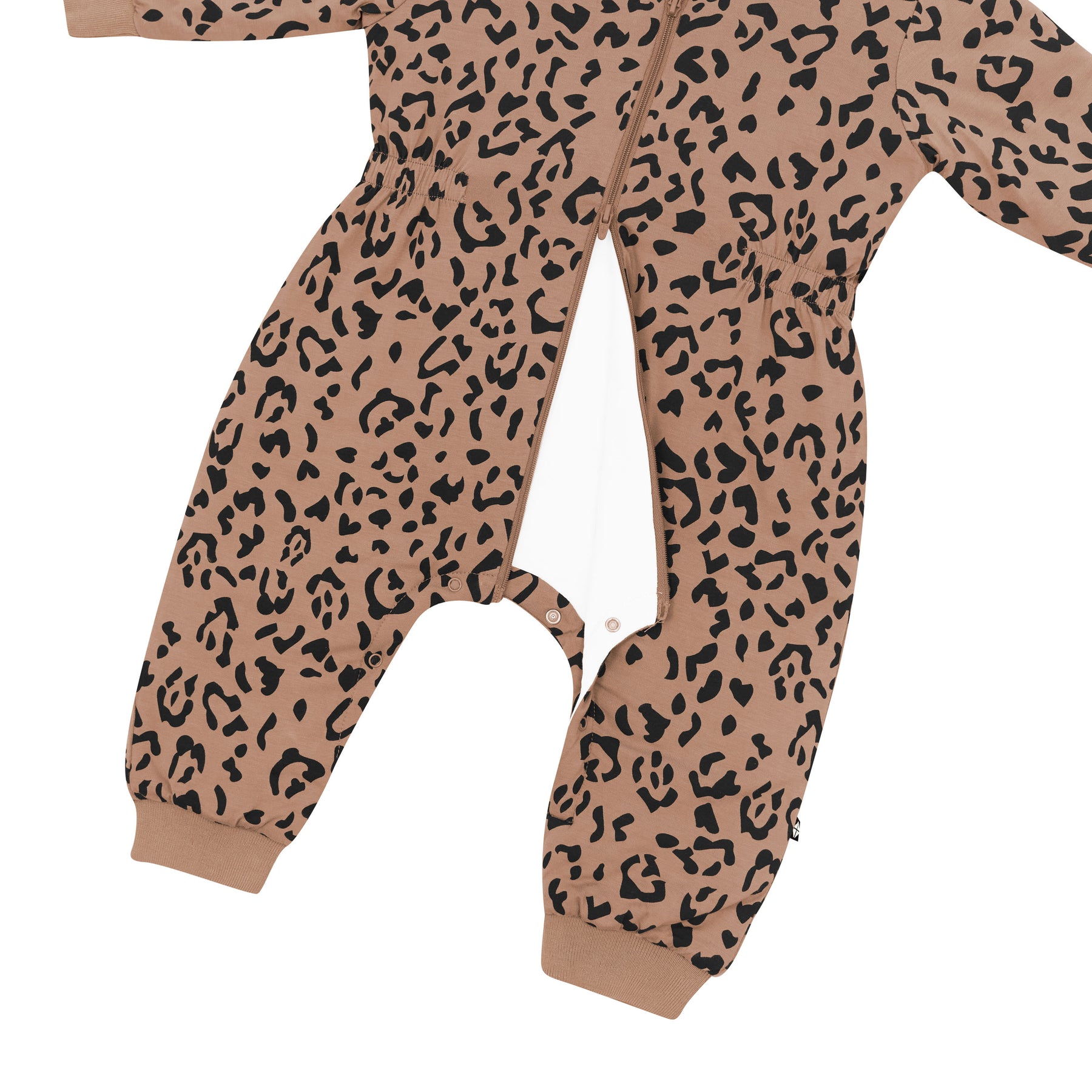 Dual Zipper and snap closure on the  inseam shown on the Cozy Playsuit in Latte Leopard