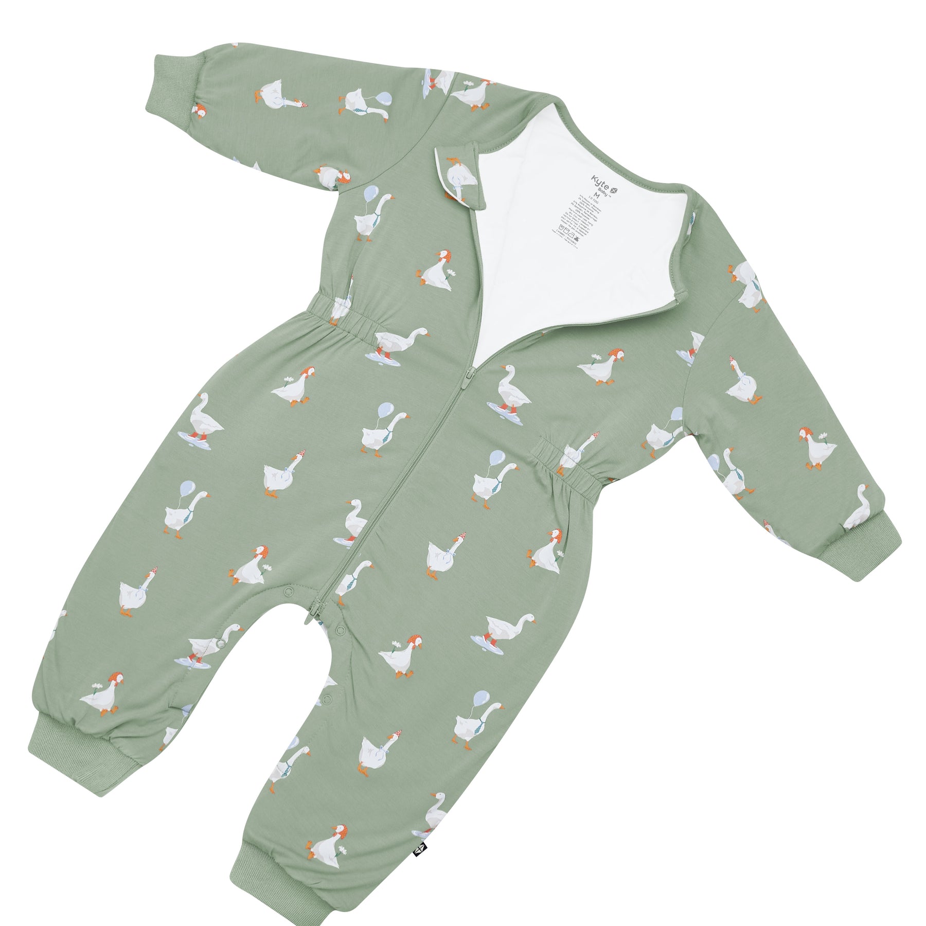 Close up of the zipper garage and top zipper on the Cozy Playsuit in Silly Goose