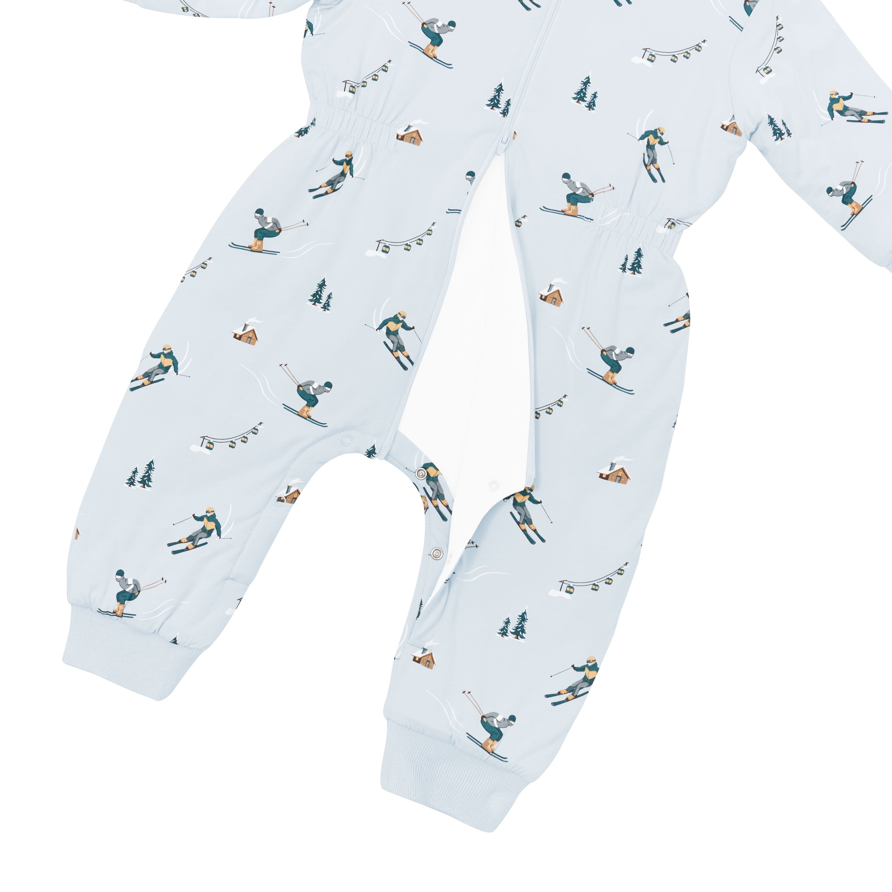 Snap closure inseam and bottom zipper shown on the Cozy Playsuit in Ski