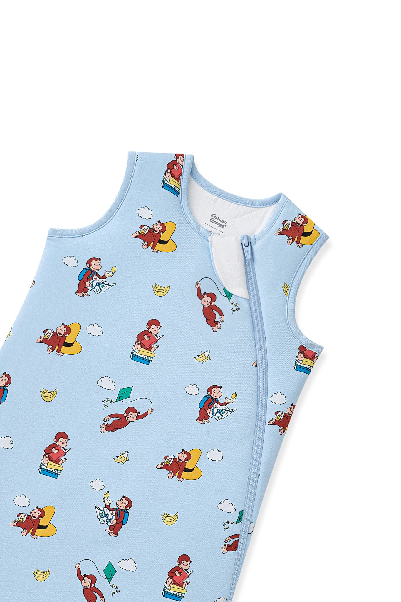 Blue Sleep Bag in Curious George 2.5 print with zipper garage on a white background