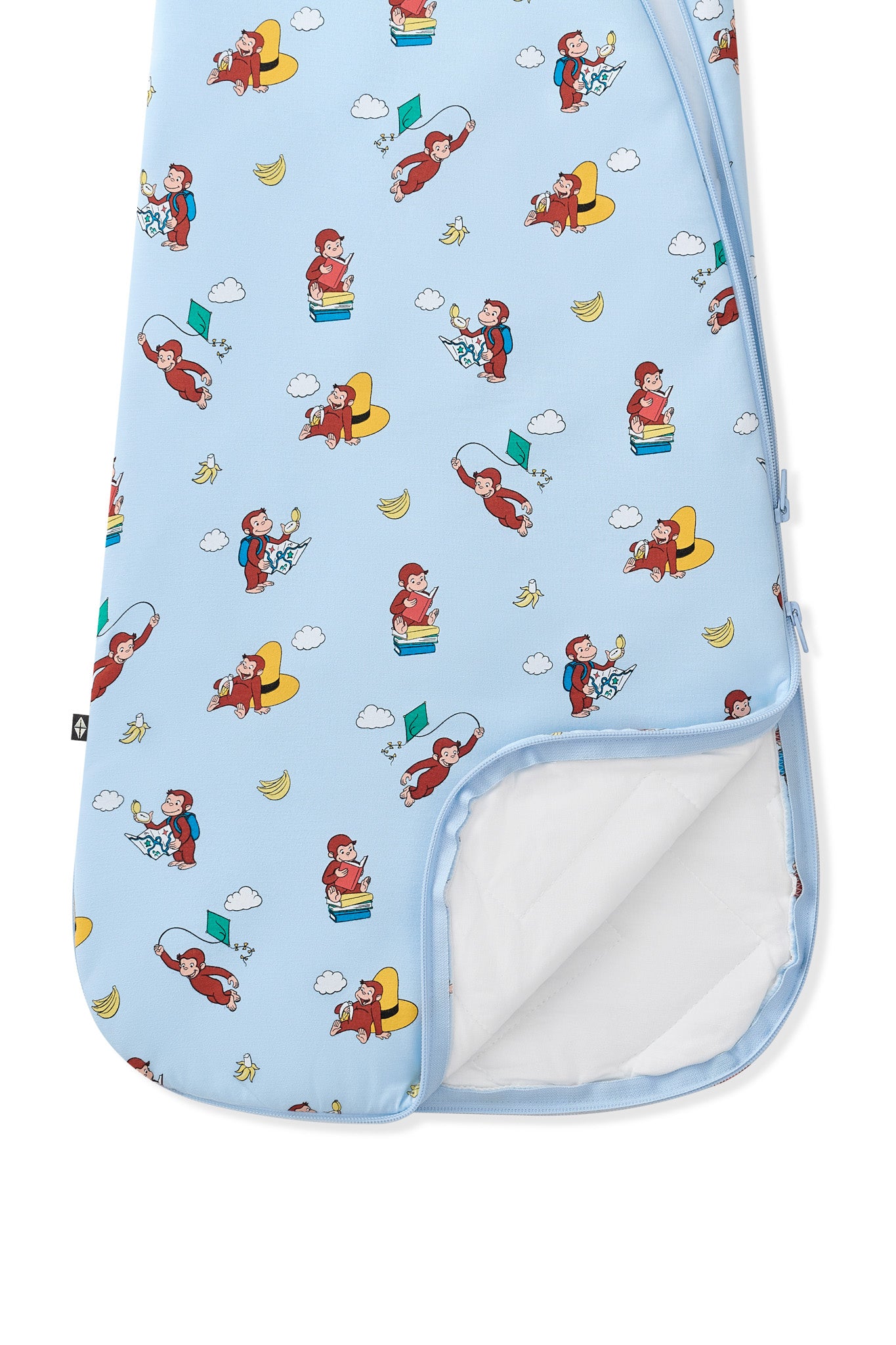 Blue Sleep Bag in Curious George 2.5 print with dual zipper on a white background