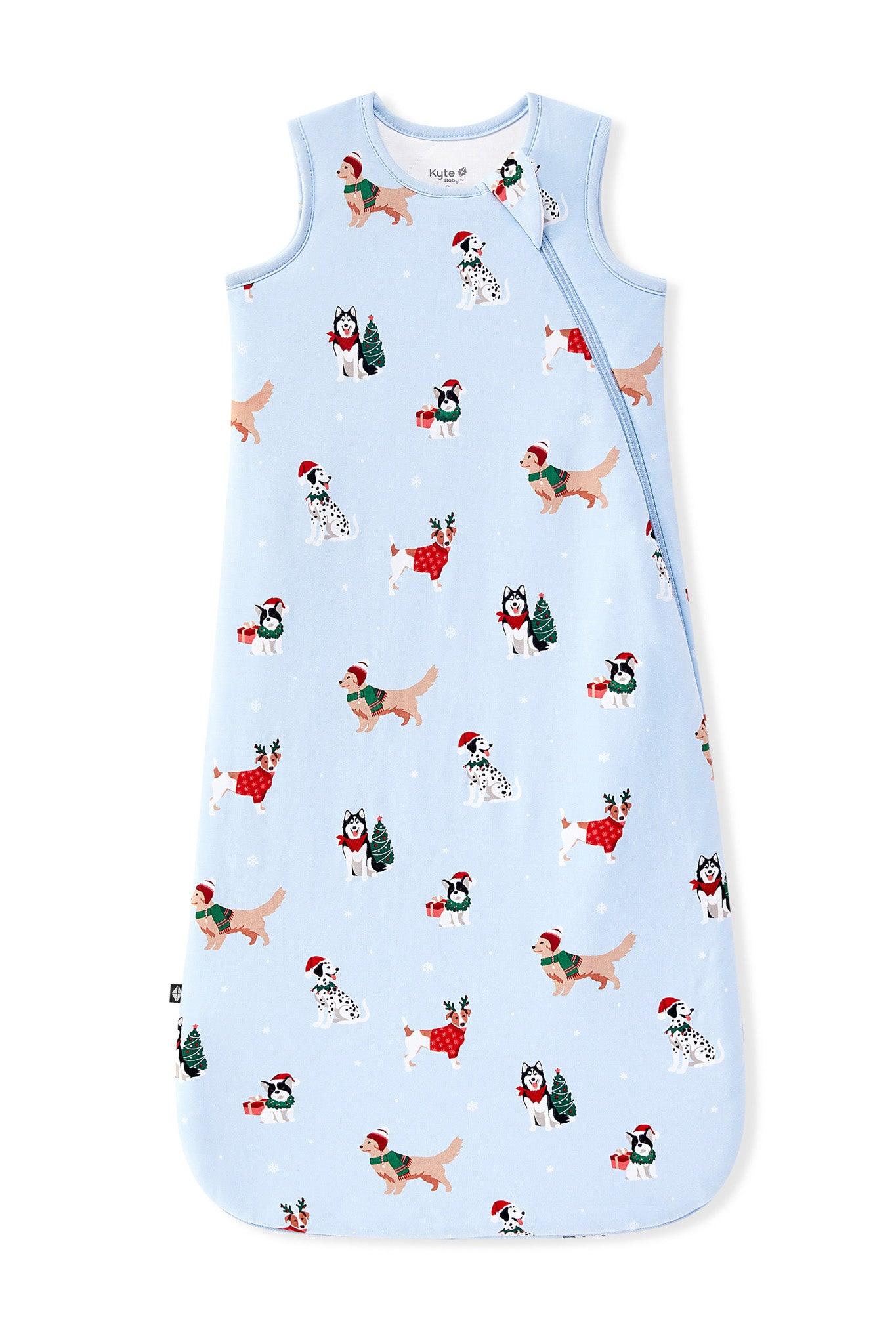 Blue Sleep Bag in Holiday Pups 2.5 print on a white background