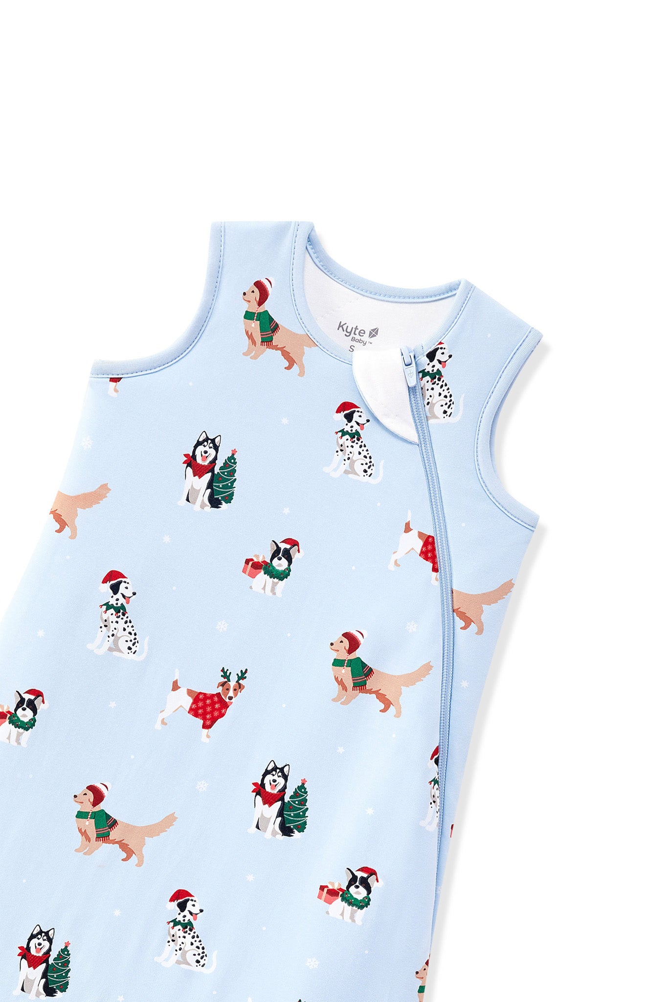Blue Sleep Bag in Holiday Pups 2.5 print with zipper garage on a white background