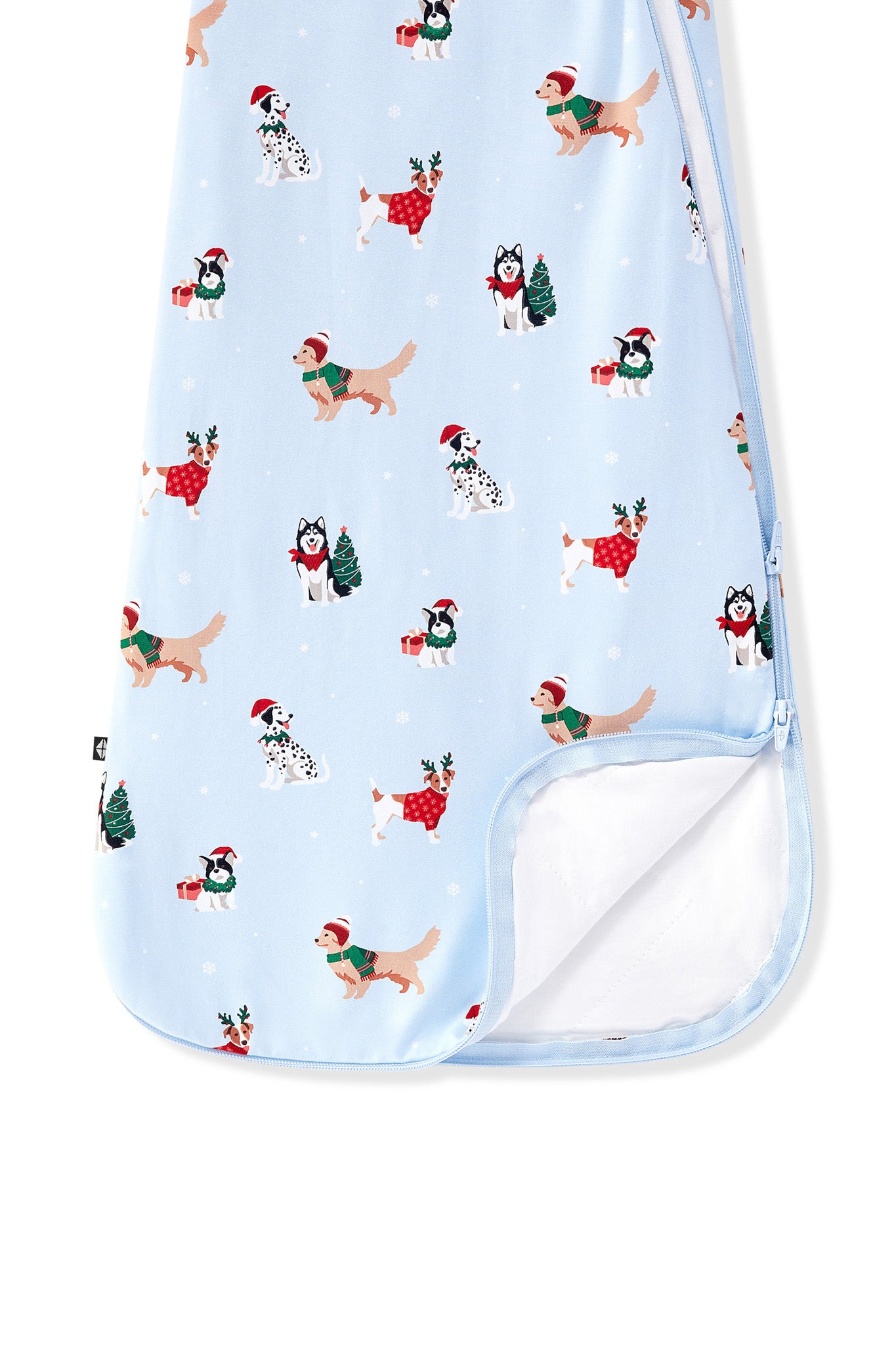 Blue Sleep Bag in Holiday Pups 2.5 print with dual zipper on a white background